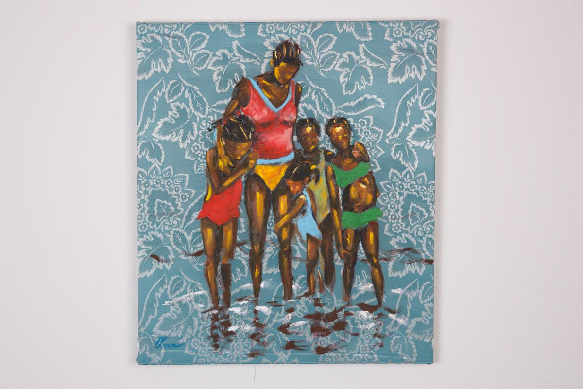 Store Bay - Family Portrait in The Water, Oil Paint on Floral Fabric, Blue - Painting by Omari Booker