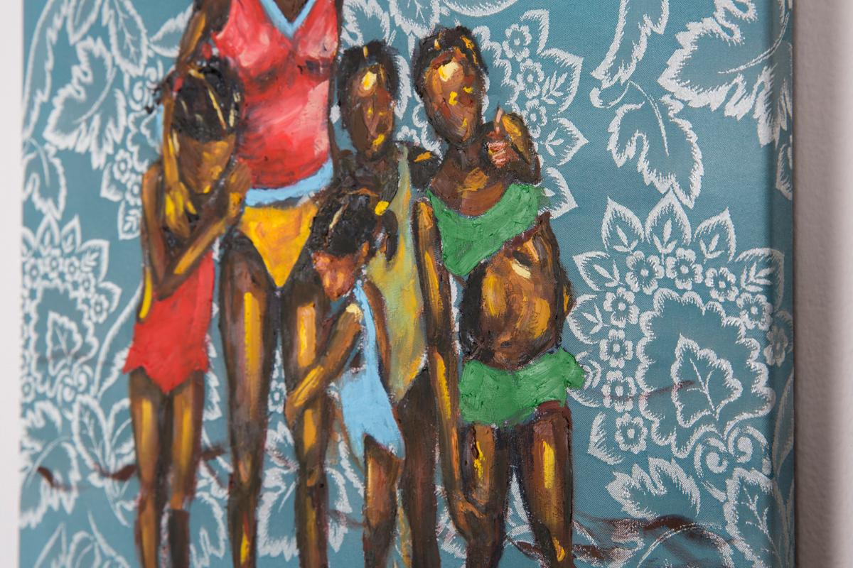Store Bay - Family Portrait in The Water, Oil Paint on Floral Fabric, Blue - Contemporary Painting by Omari Booker