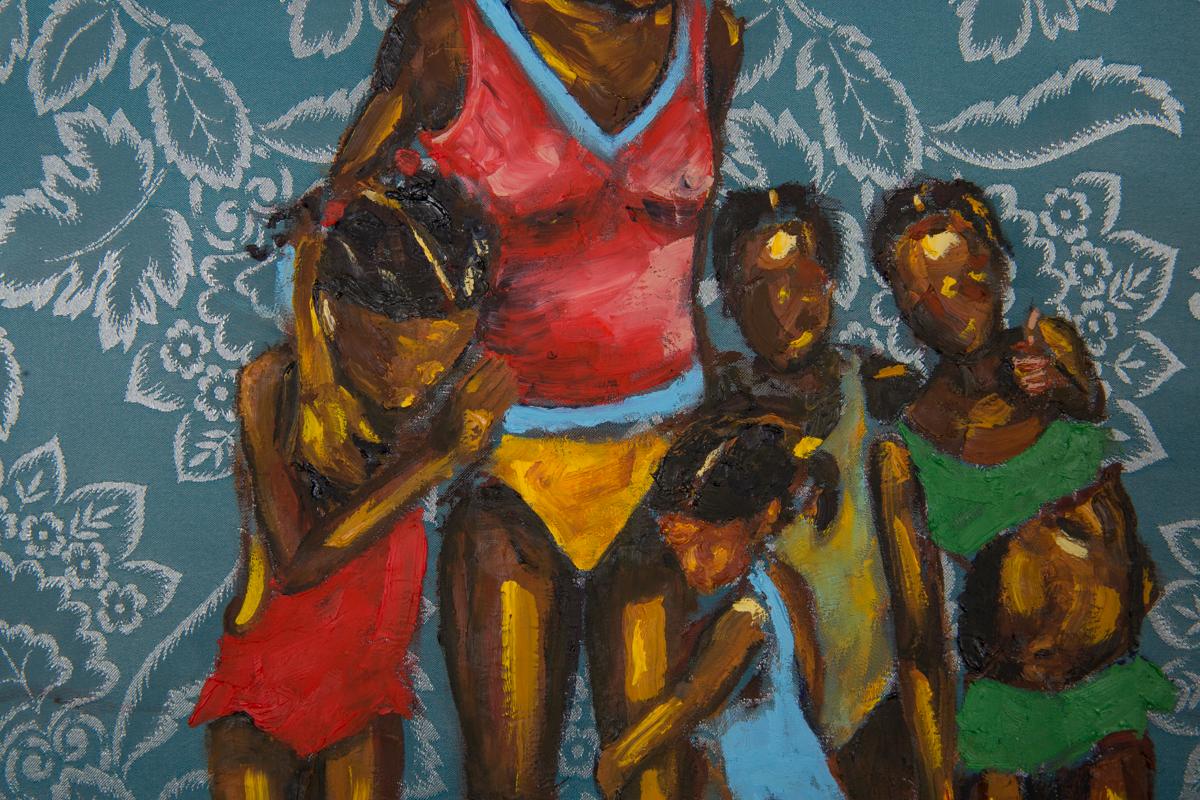 Store Bay - Family Portrait in The Water, Oil Paint on Floral Fabric, Blue - Gray Figurative Painting by Omari Booker