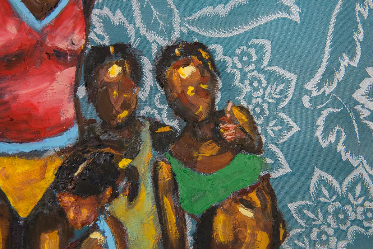 This piece is a portrait of a family at Store Bay in Trinidad and Tobago. The artist has rendered them from an old family photo on a blue floral fabric. 