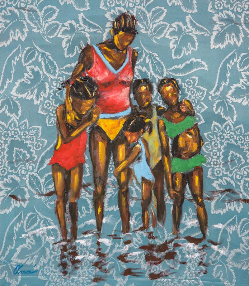 Omari Booker Figurative Painting - Store Bay - Family Portrait in The Water, Oil Paint on Floral Fabric, Blue