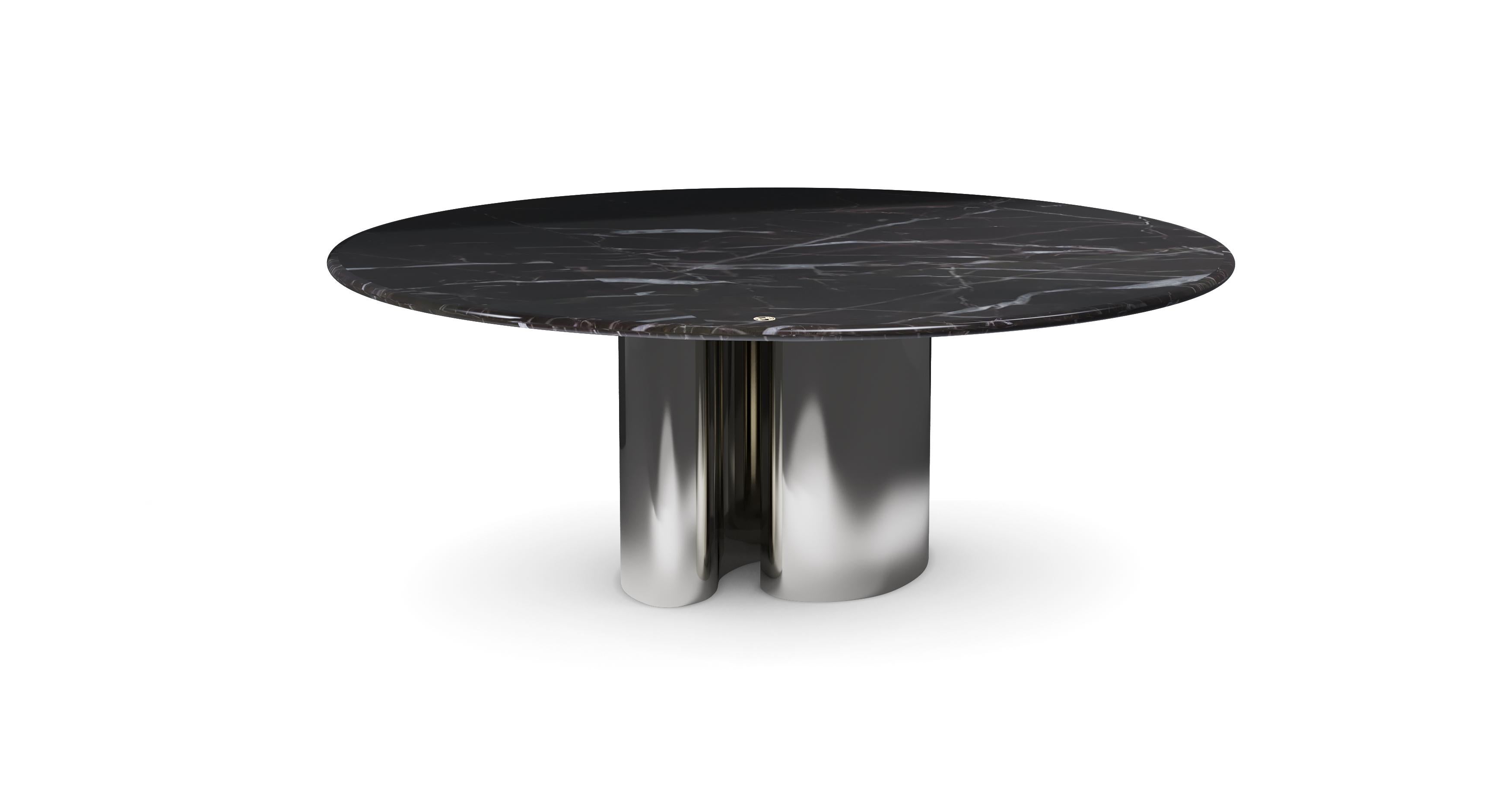 Organic Modern OMBO Round Contemporary Marble Dining Table in Chrome Finish by Mansi London For Sale