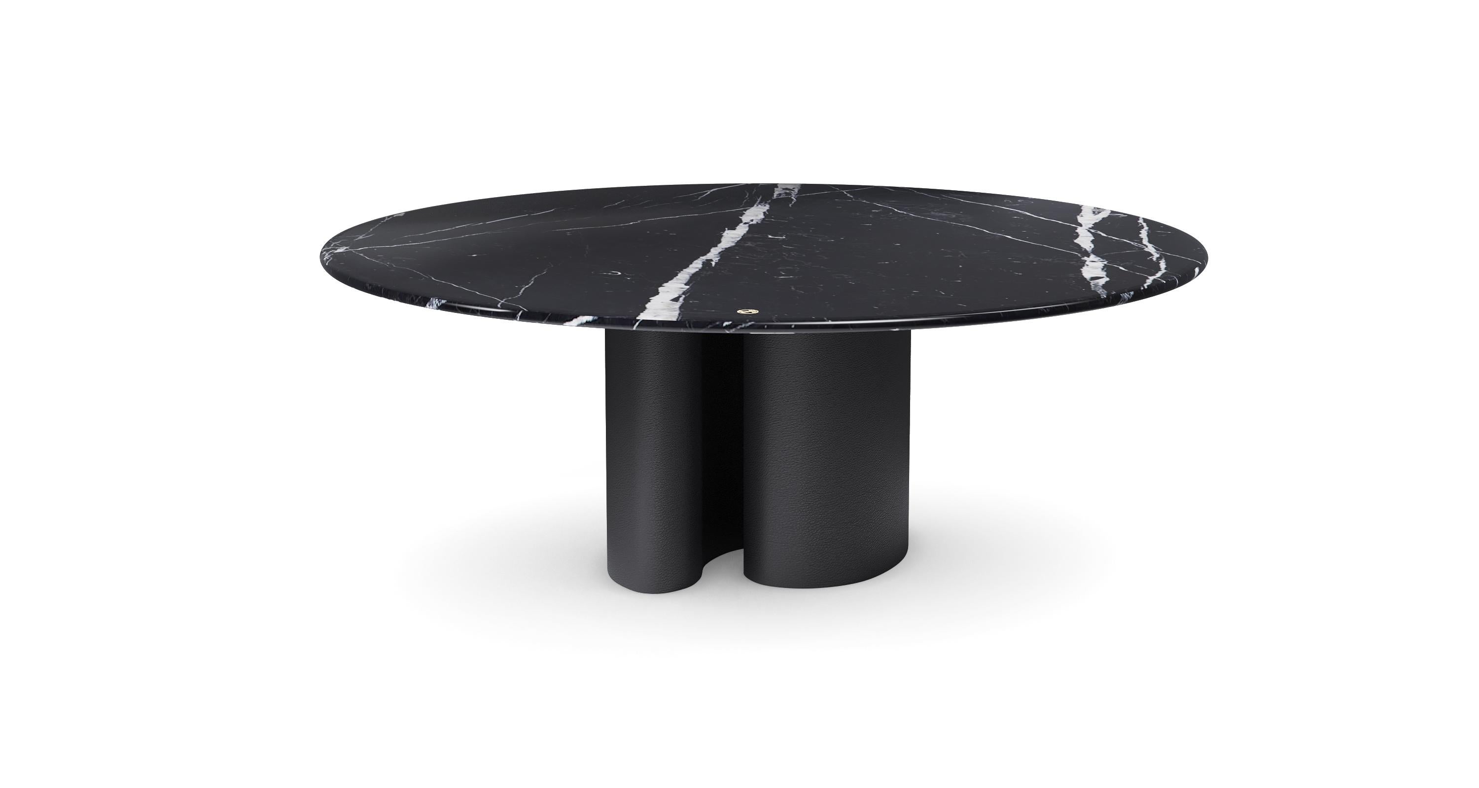 Organic Modern Ombo Round Contemporary Marble Dining Table in Leather Finish by Mansi London For Sale