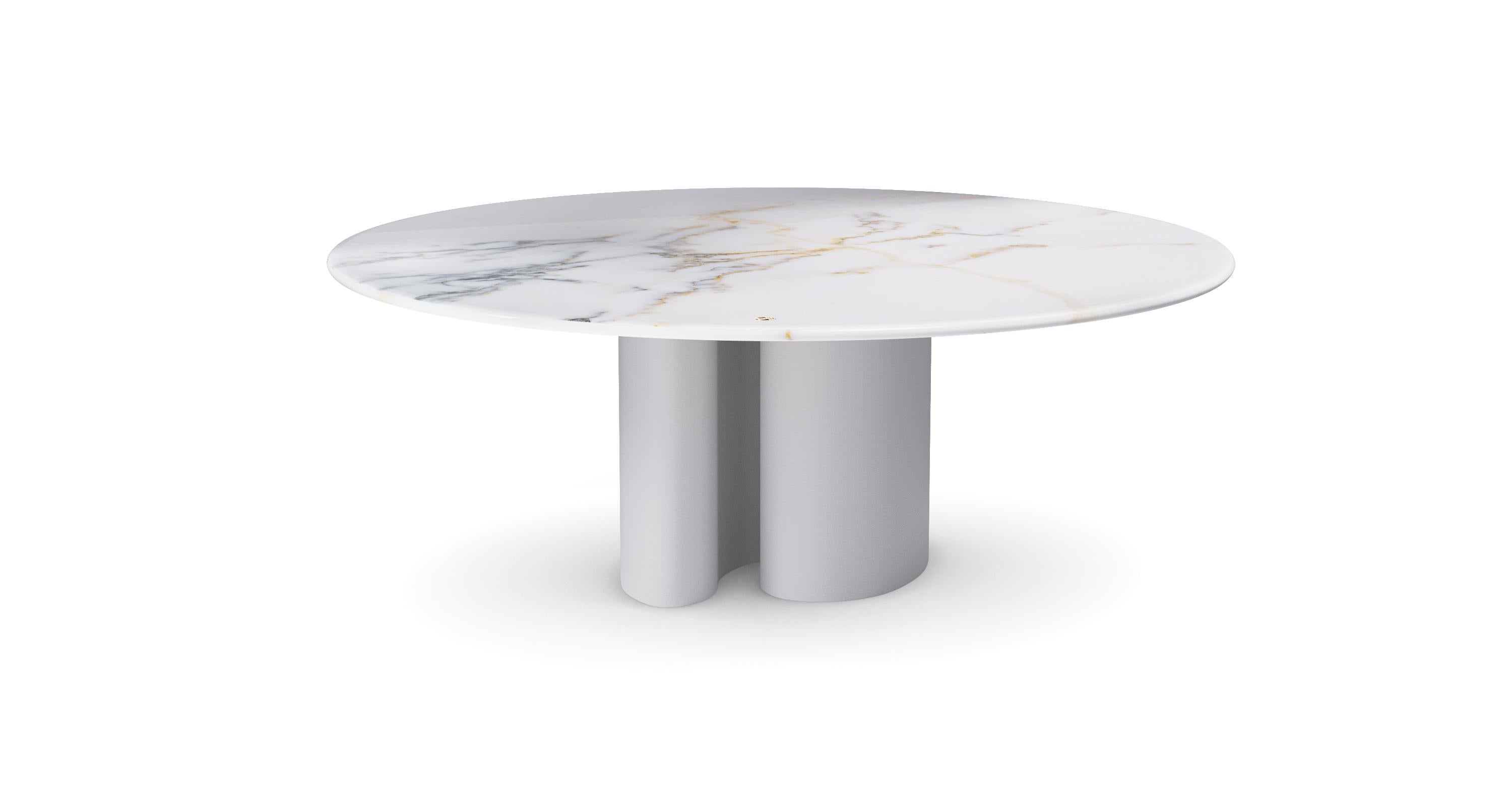 Polish Ombo Round Contemporary Marble Dining Table in Leather Finish by Mansi London For Sale