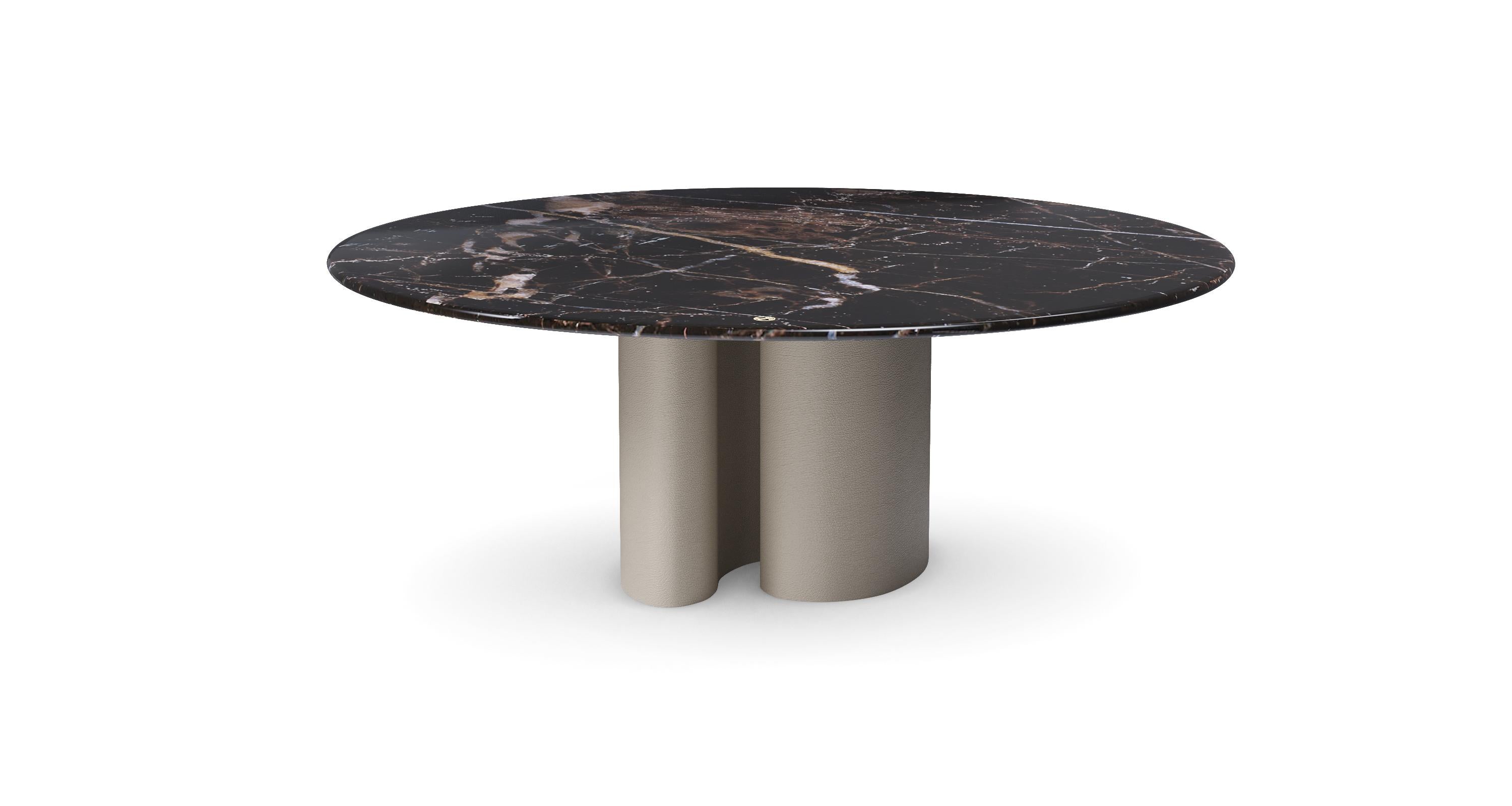 Hand-Crafted Ombo Round Contemporary Marble Dining Table in Leather Finish by Mansi London For Sale