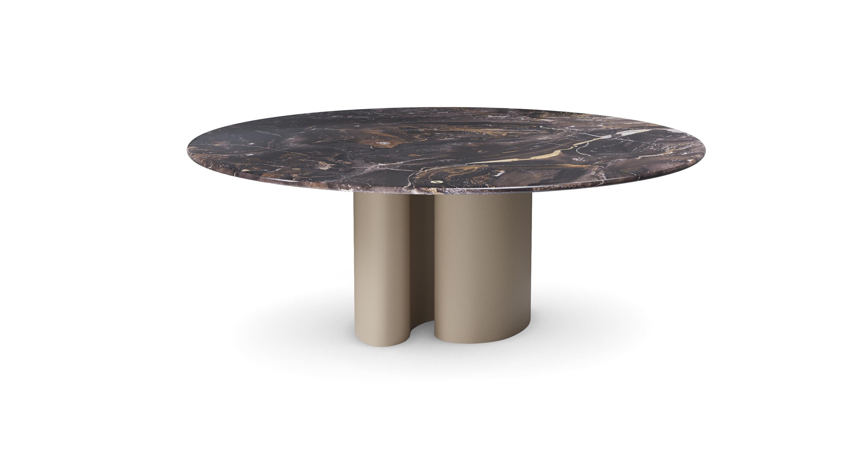 Ombo Round Contemporary Marble Dining Table in Leather Finish by Mansi London In New Condition For Sale In Gdańsk, PL