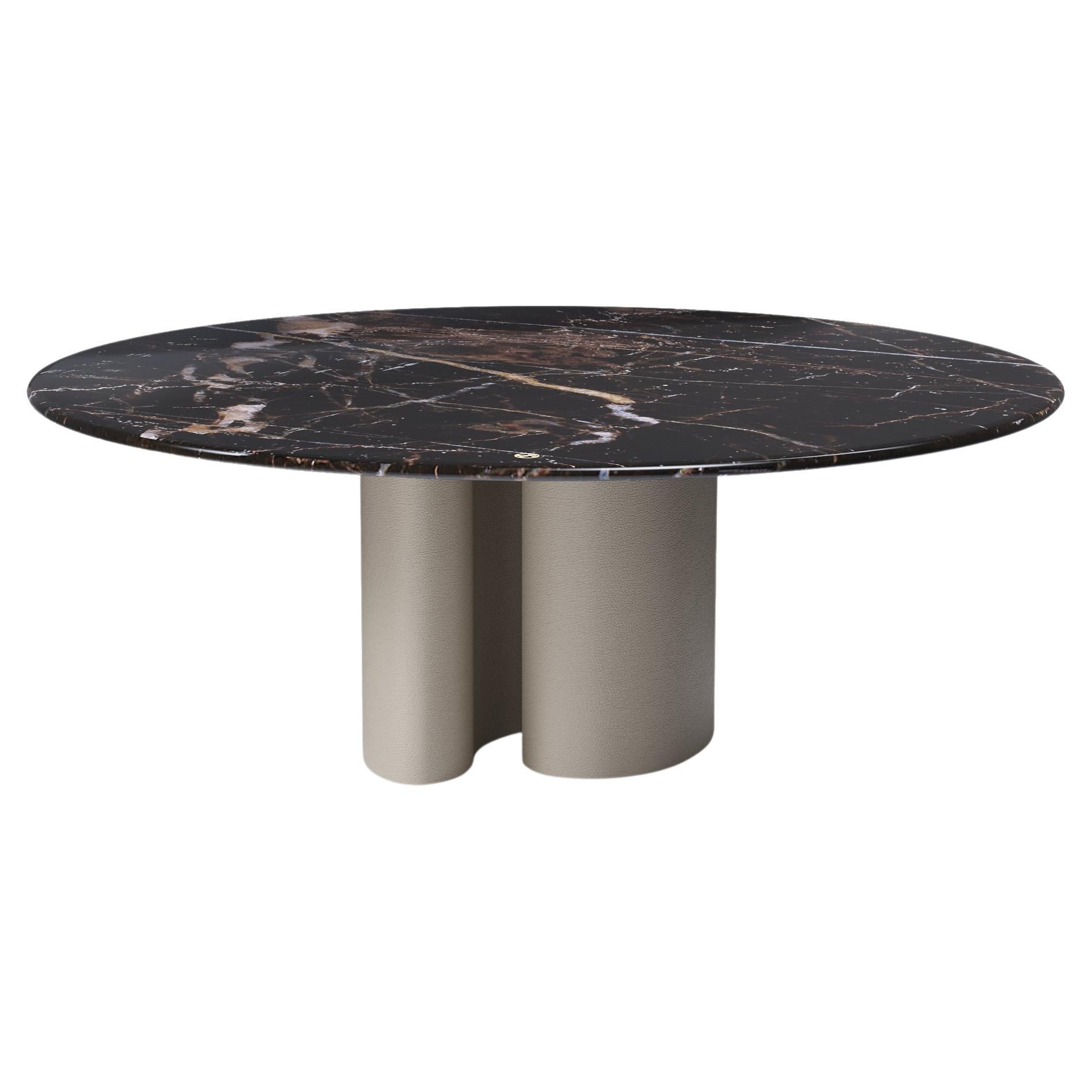 Ombo Round Contemporary Marble Dining Table in Leather Finish by Mansi London For Sale