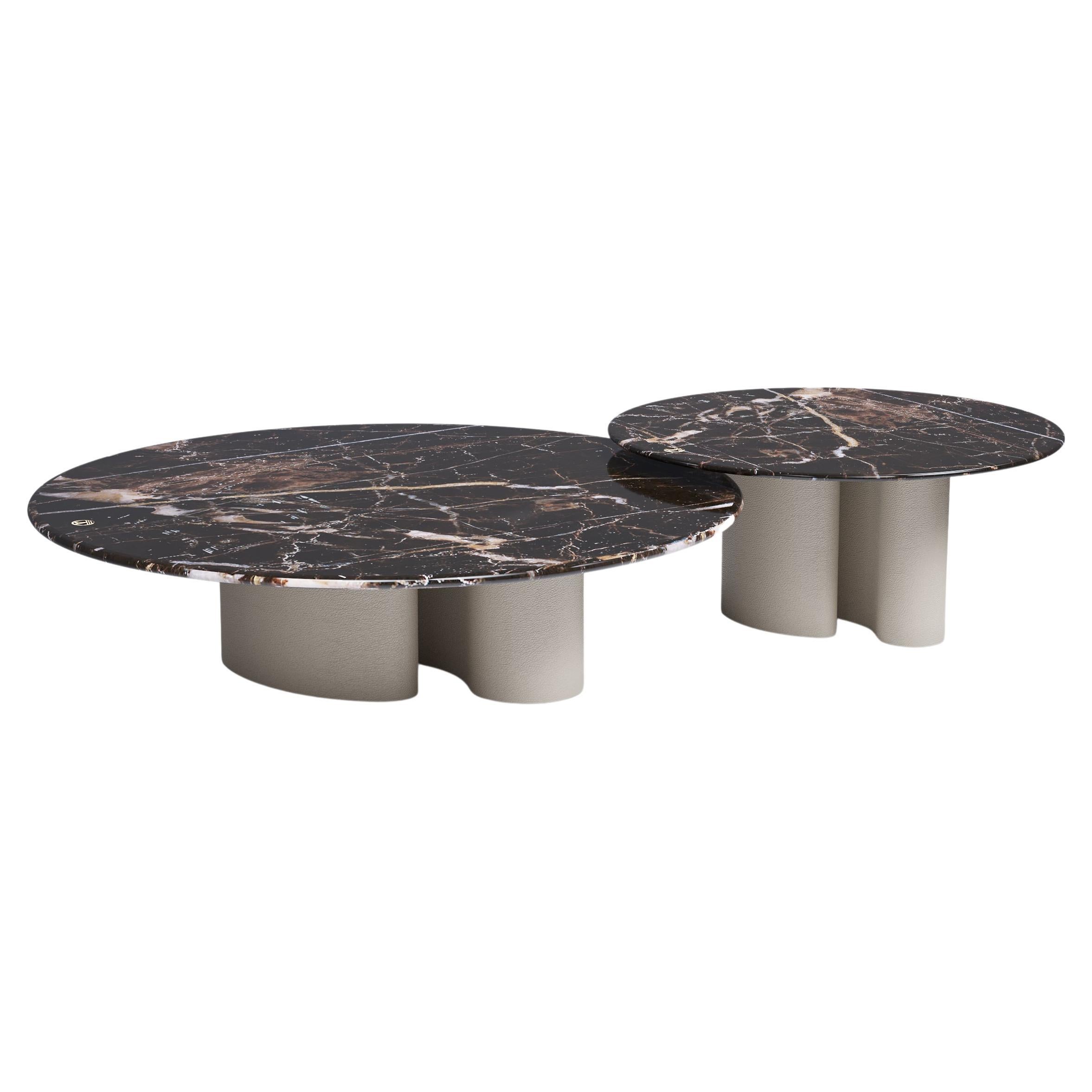 Ombo Round Organic Marble Coffee Tables in Leather Finish by Mansi London For Sale