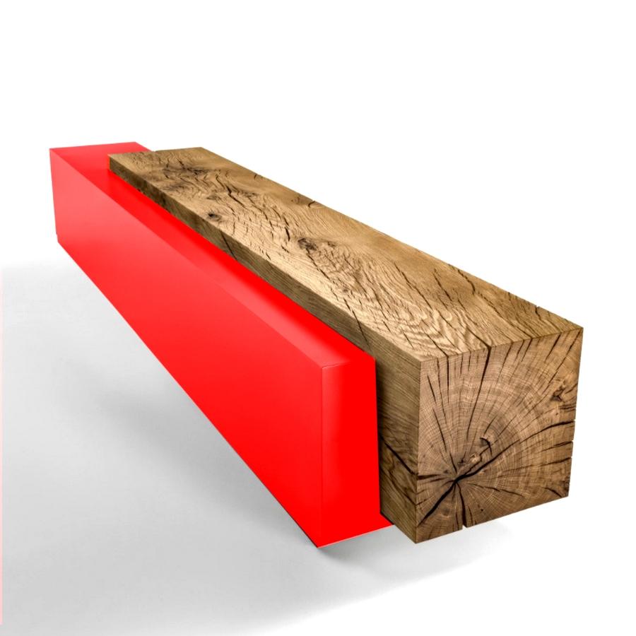 Modern Ombra Cedar Bench with Red Accent, Designed by Hikaru Mori, Made in Italy For Sale