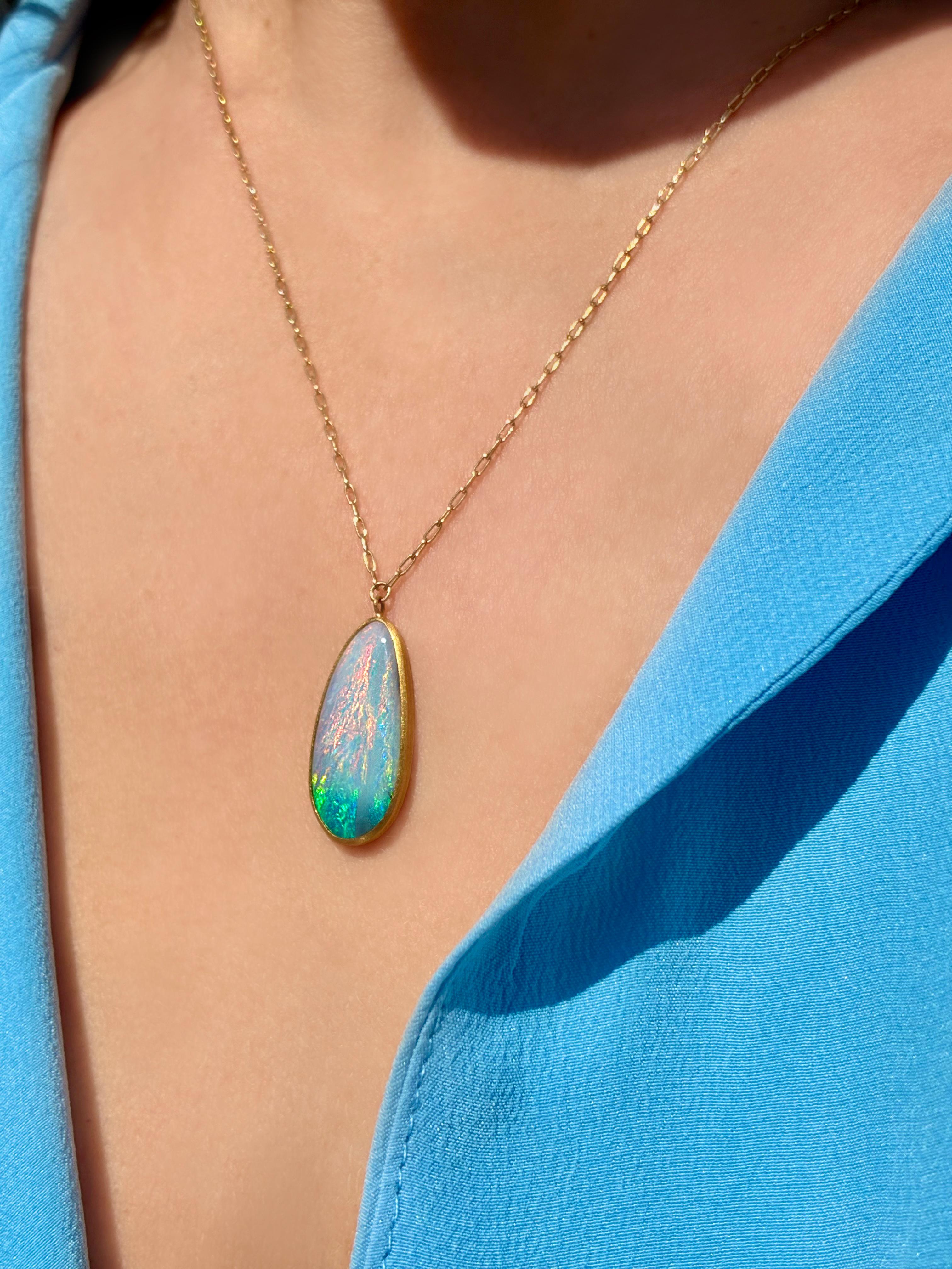 Cabochon Ombré Australian Rainbow Opal Gold Drop One of a Kind Necklace, Talkative 2025 For Sale