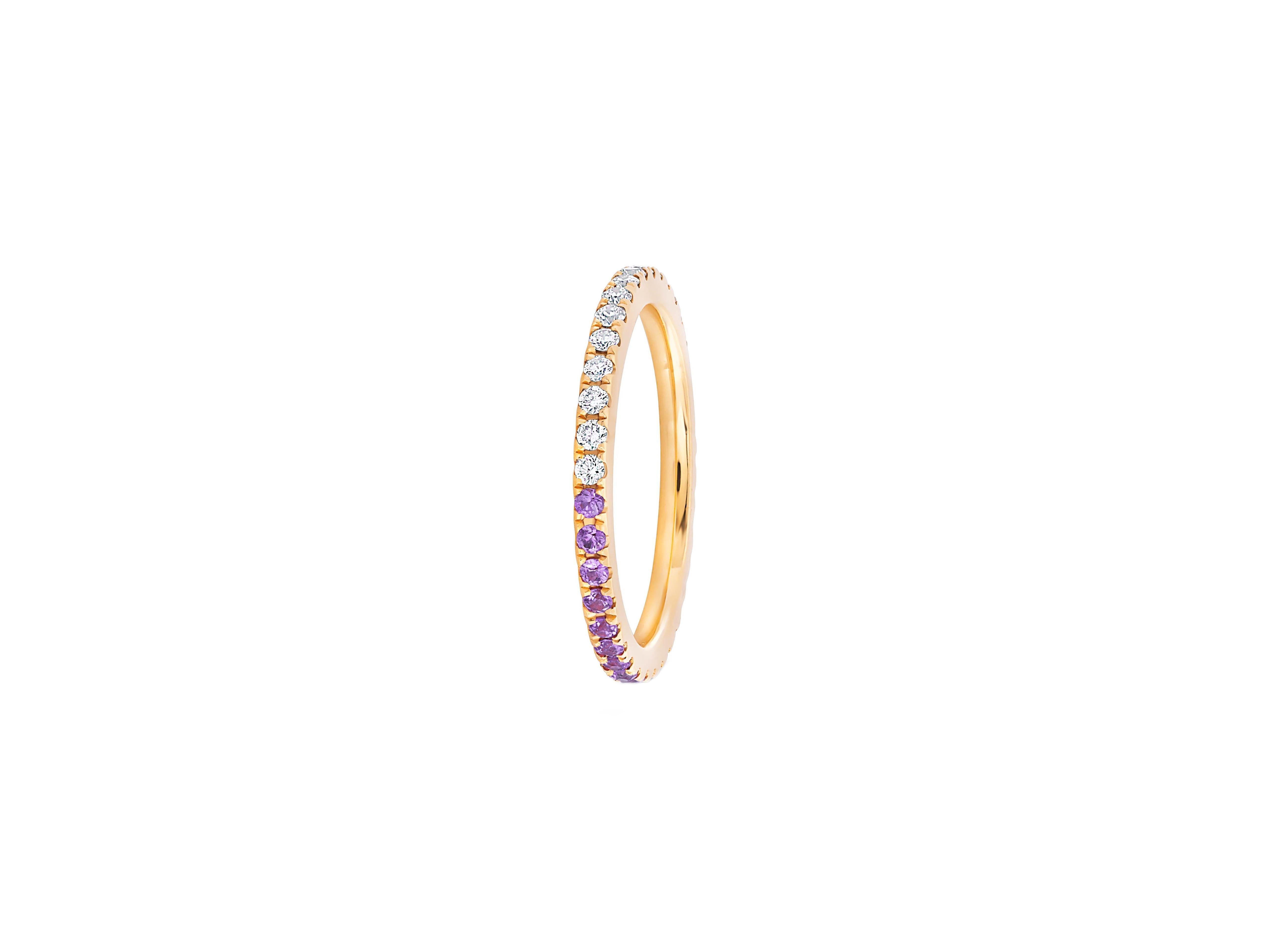 Round Cut Ombre Blue Amethyst and Moissanite 14k gold Eternity Band.