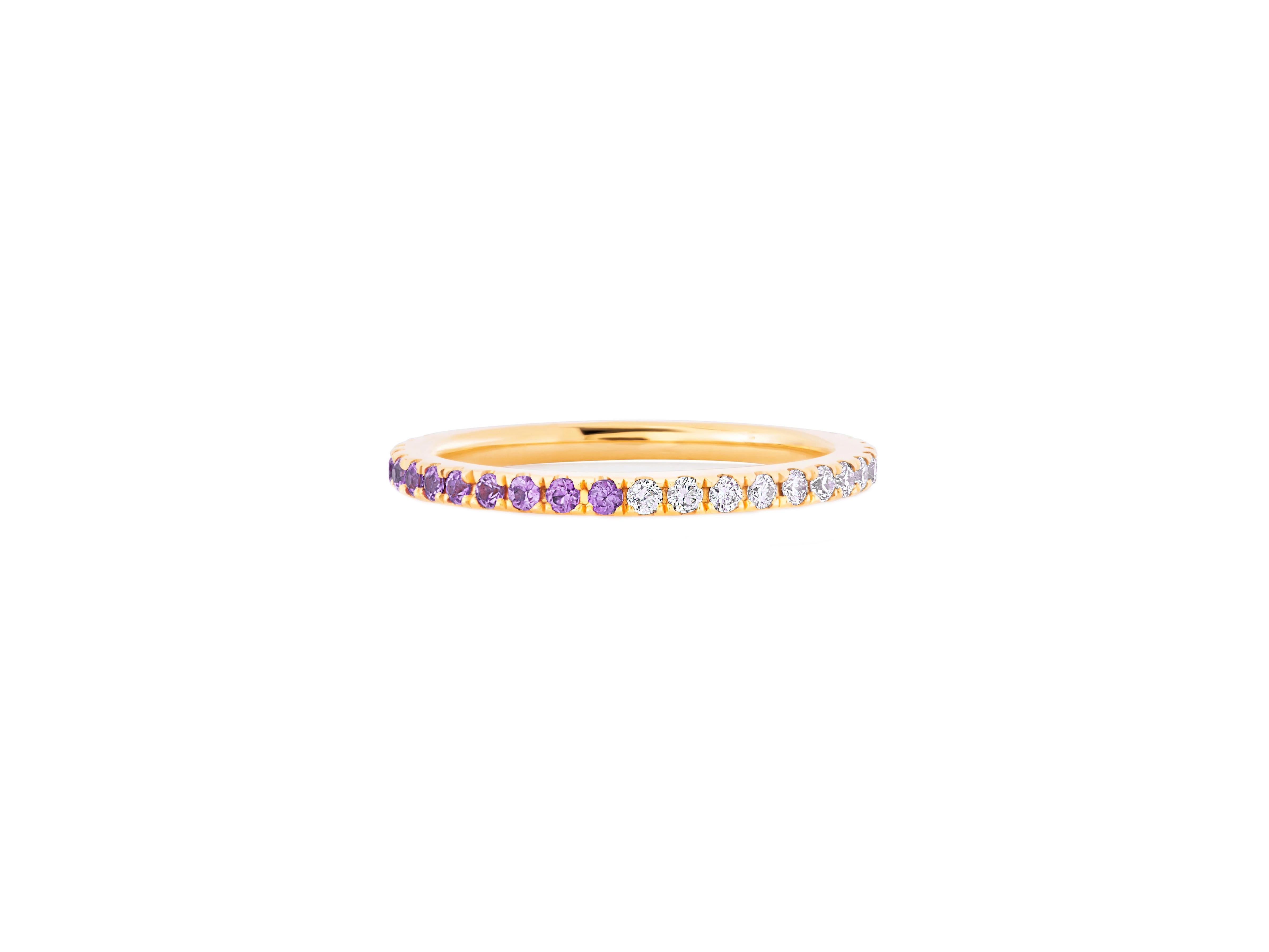Ombre Blue Lab Amethyst and Moissanite 14k gold Eternity Band. Mix color eternity 14k gold ring band. Two side wearable eternity ring. 

Metal: 14k gold
Weight: 2 gr depends from size.

Gemstones:
Lab amethyst: purple, lavender color, round cut,