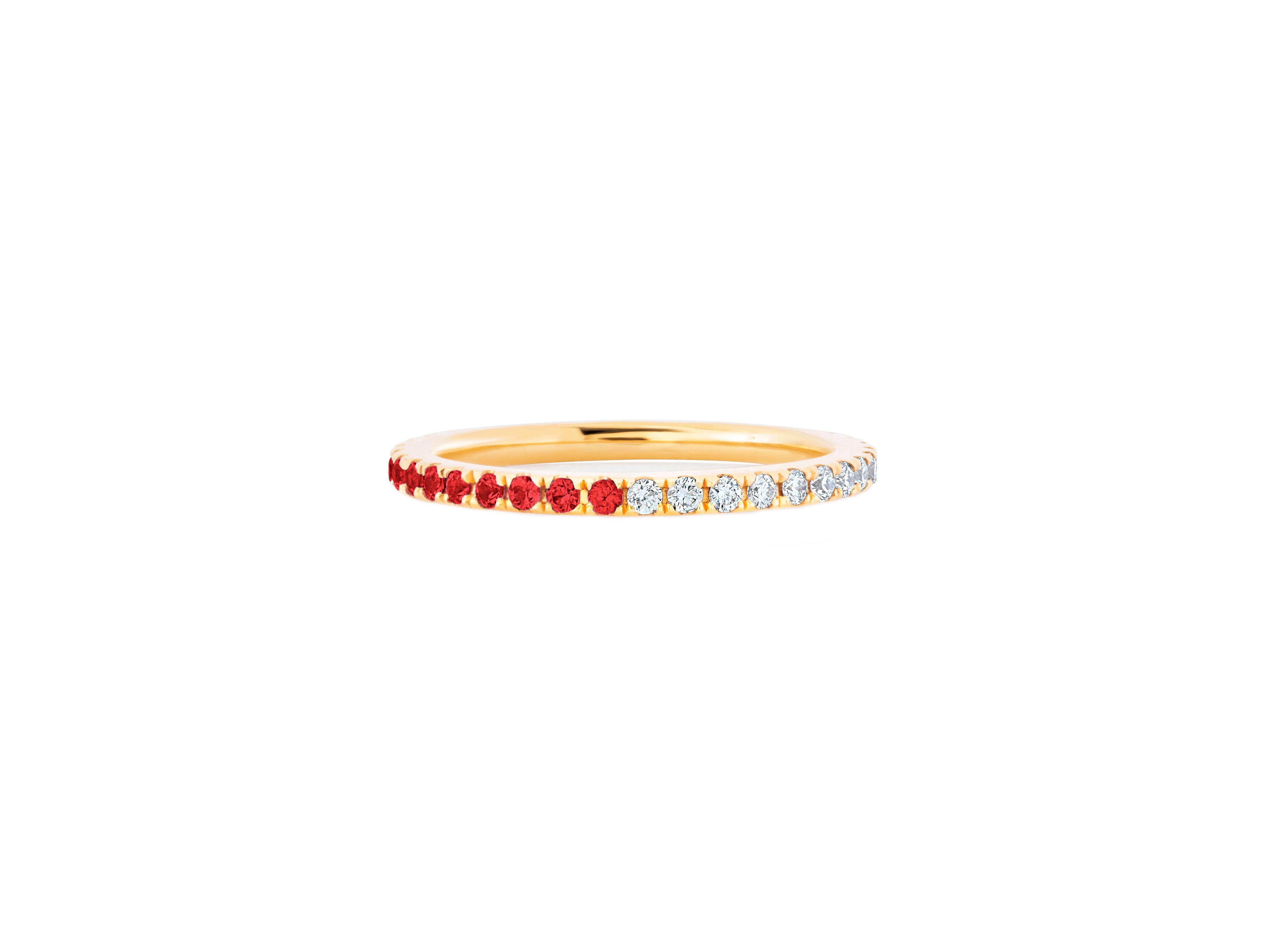 Ombre Blue Lab Ruby and Moissanite 14k gold Eternity Band. Mix color eternity 14k gold ring band. Two side wearable eternity ring. 

Metal: 14k gold
Weight: 2 gr depends from size

Gemstones:
Lab ruby: red color, round cut, stone size 2