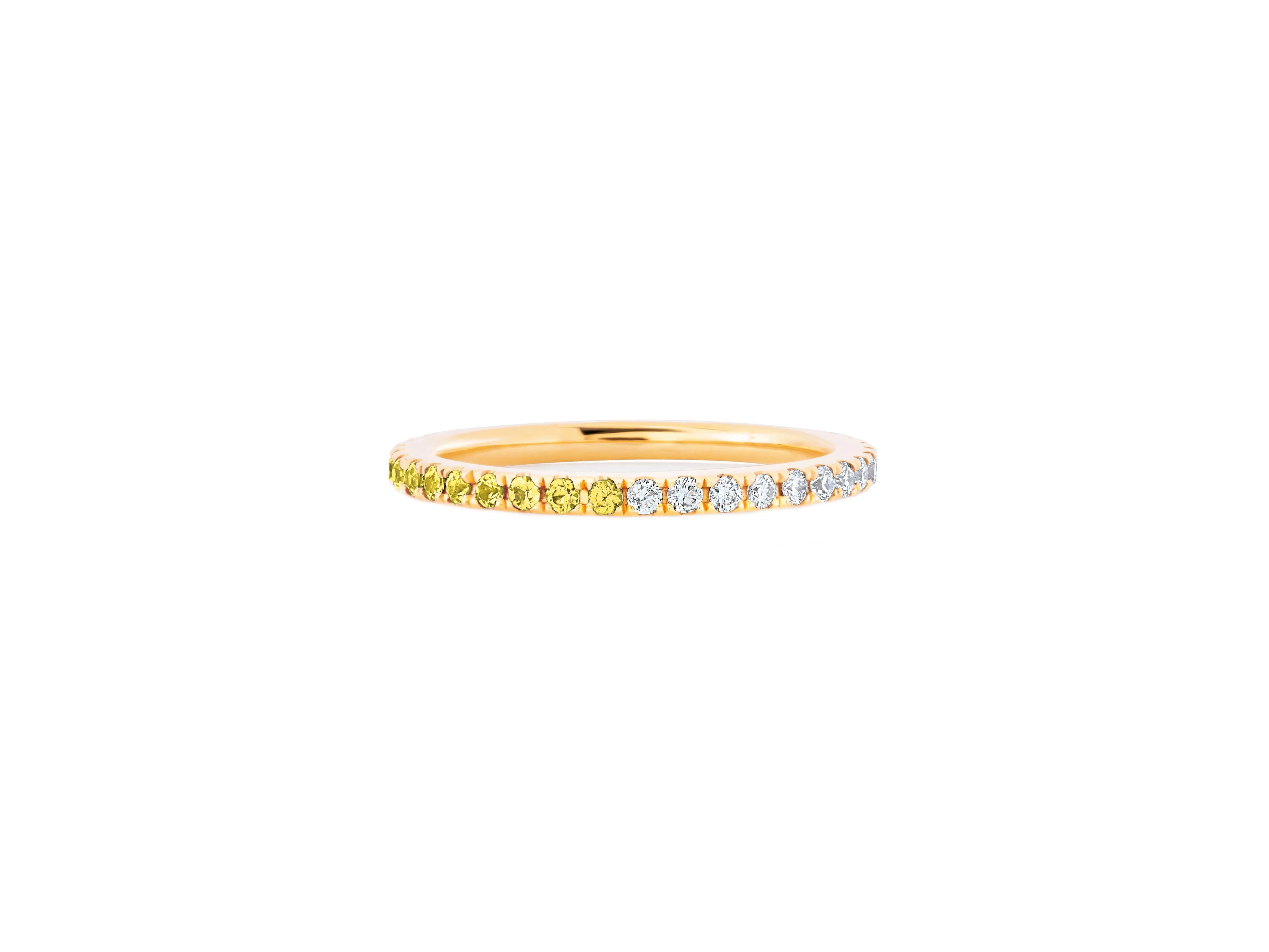 Ombre Blue Lab  Sapphire and Moissanite 14k gold Eternity Band. Mix color eternity 14k gold ring band. Two side wearable eternity ring. 

Metal: 14k gold
Weight: 2 g. Depends from size
Gemstones:
Lab sapphire: yellow color, round cut, stone size 2