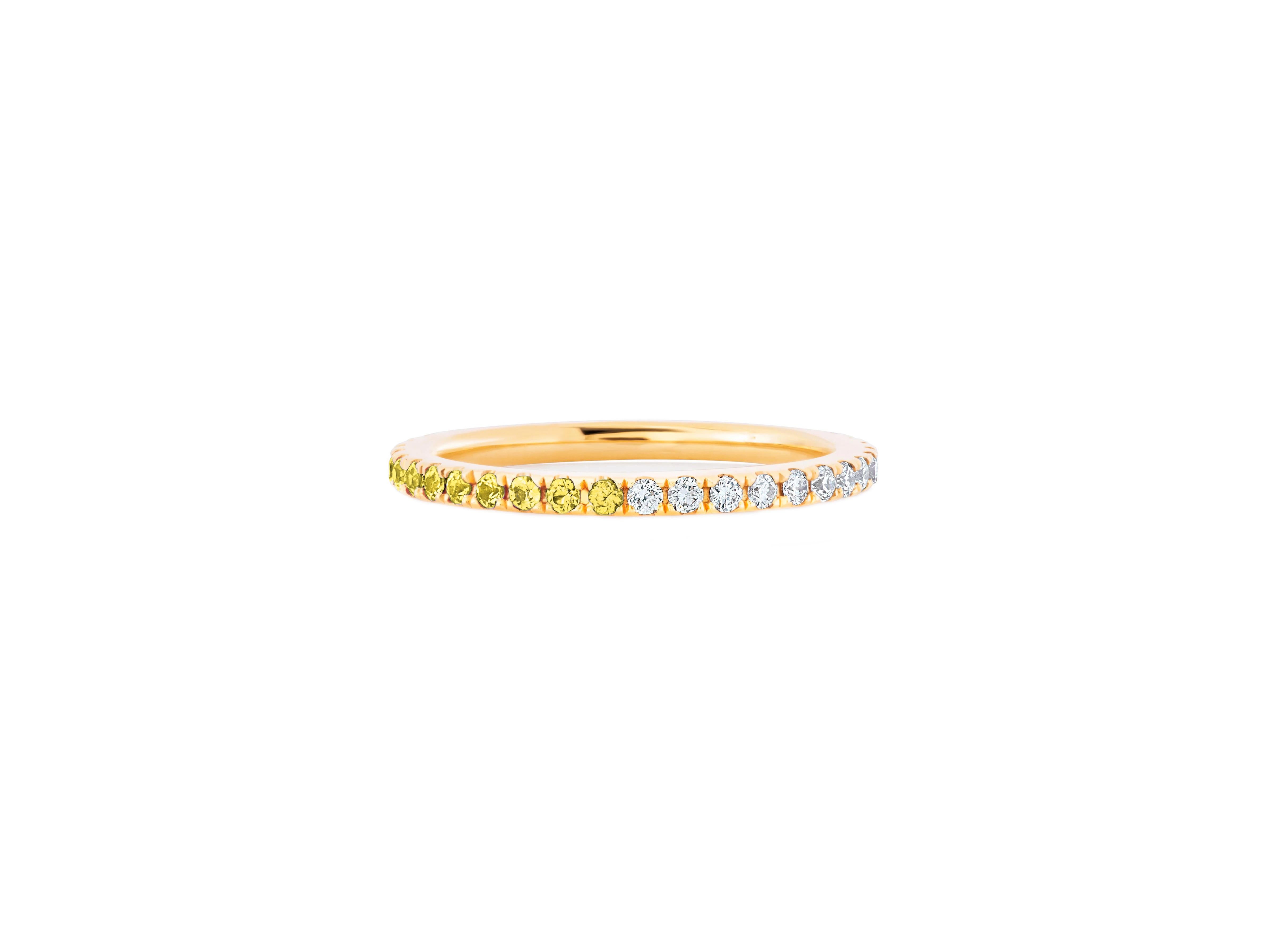 Ombre Blue Lab  Sapphire and Moissanite 14k gold Eternity Band. Mix color eternity 14k gold ring band. Two side wearable eternity ring. 

Metal: 14k gold
Weight: 2 gr depends from size
Gemstones:
Lab sapphire: yellow color, round cut, stone size 2