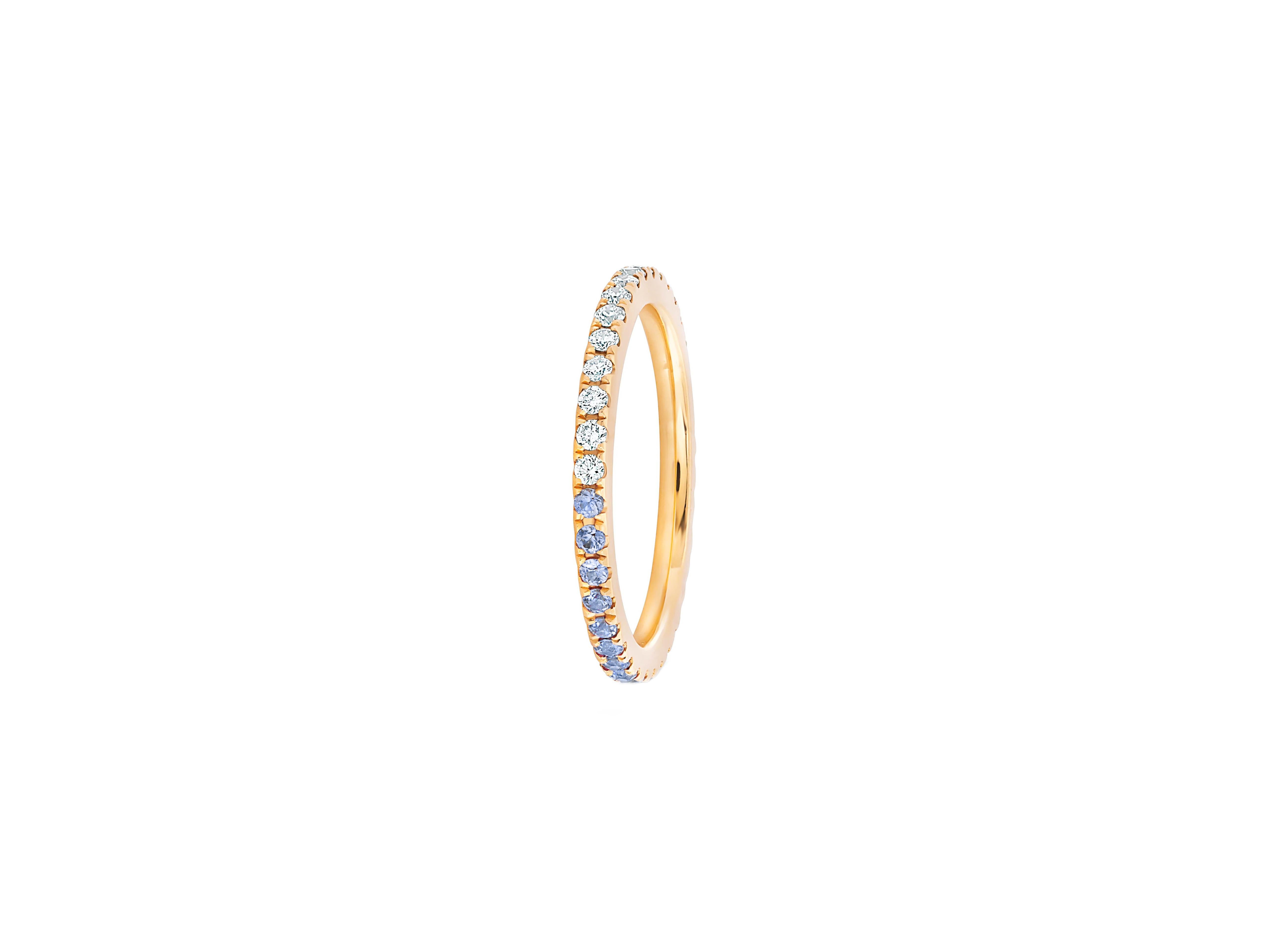 Ombre Blue Lab Topaz and Moissanite 14k gold Eternity Band.  In New Condition For Sale In Istanbul, TR