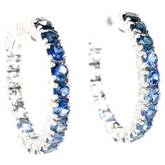 Ombre Blue Sapphire Hoop Earrings in 14k White Gold, 4.26 Carats Total