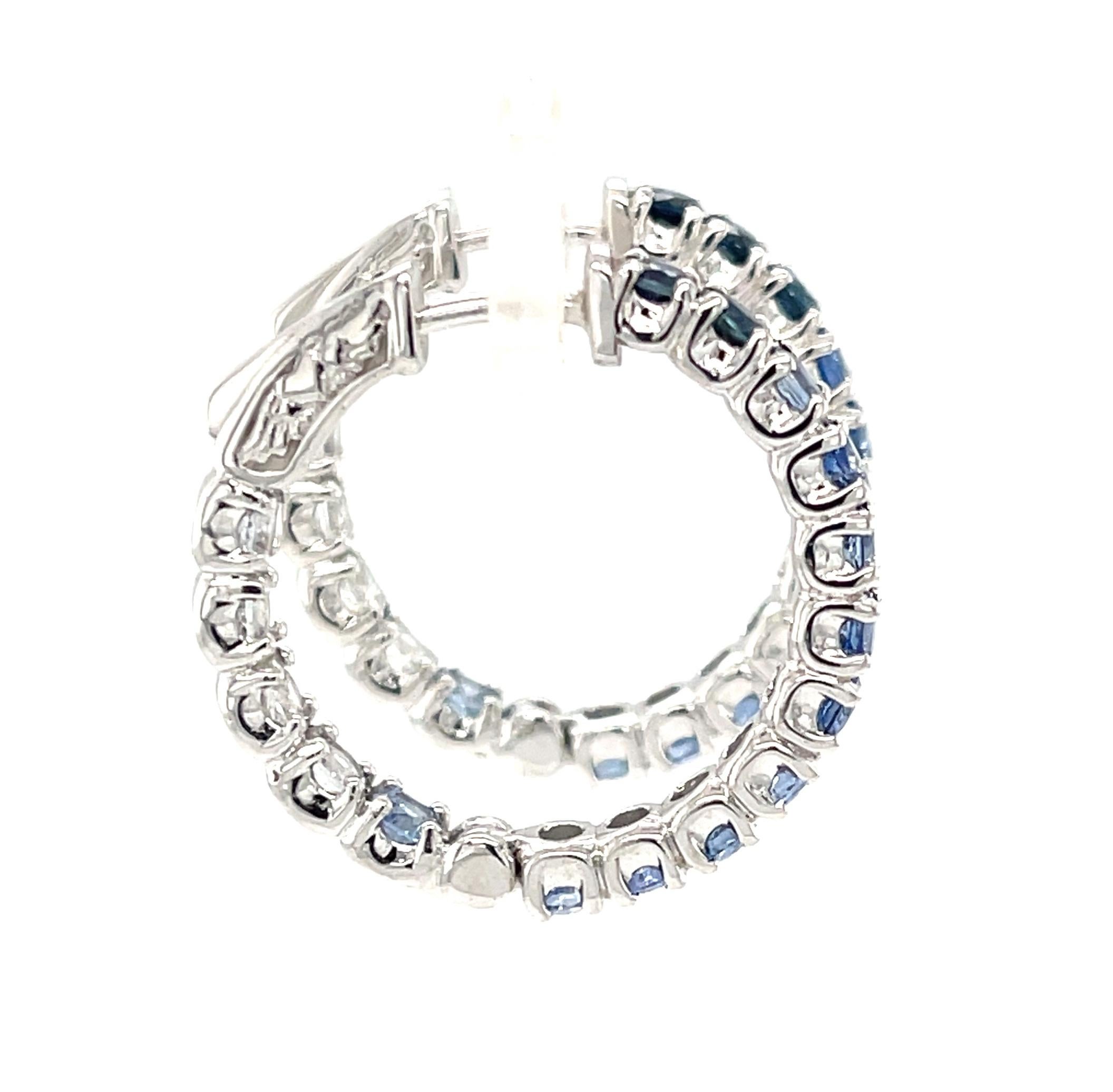 Artisan Ombre Blue Sapphire Hoop Earrings in 14k White Gold, 4.26 Carats Total For Sale