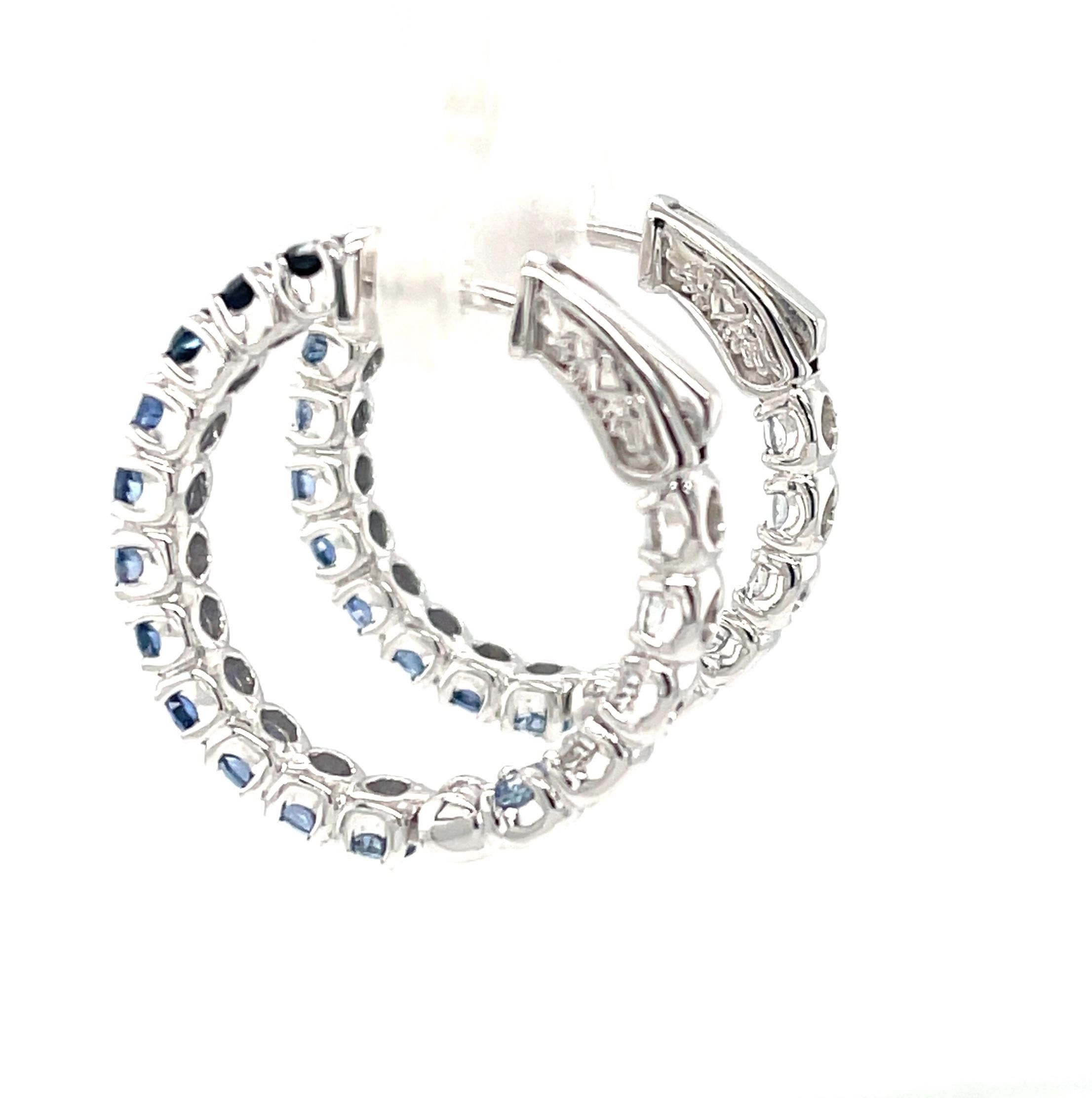 Round Cut Ombre Blue Sapphire Hoop Earrings in 14k White Gold, 4.26 Carats Total For Sale