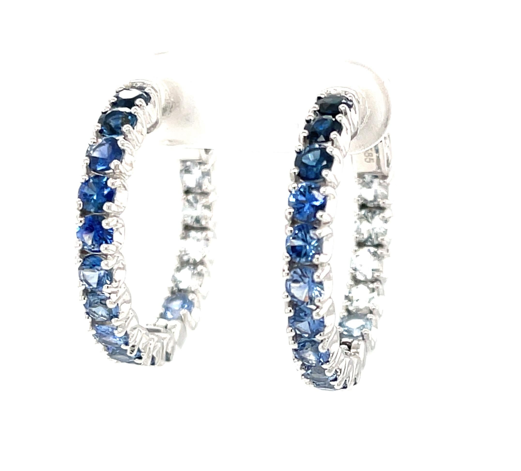 Ombre Blue Sapphire Hoop Earrings in 14k White Gold, 4.26 Carats Total In New Condition For Sale In Los Angeles, CA