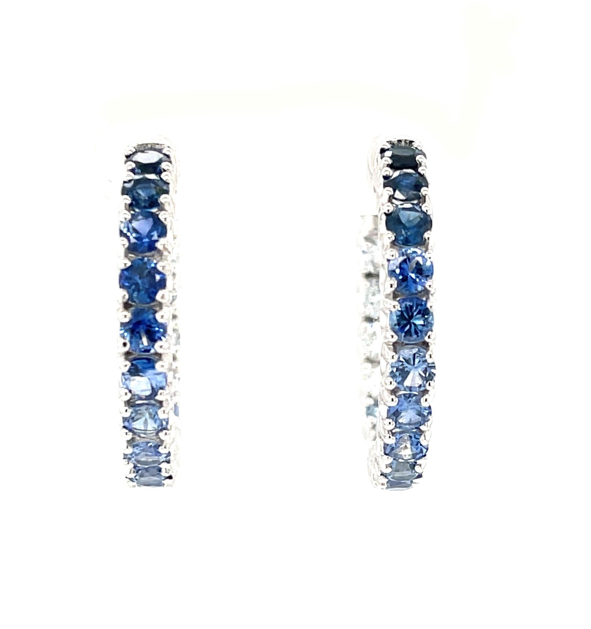 Women's or Men's Ombre Blue Sapphire Hoop Earrings in 14k White Gold, 4.26 Carats Total For Sale