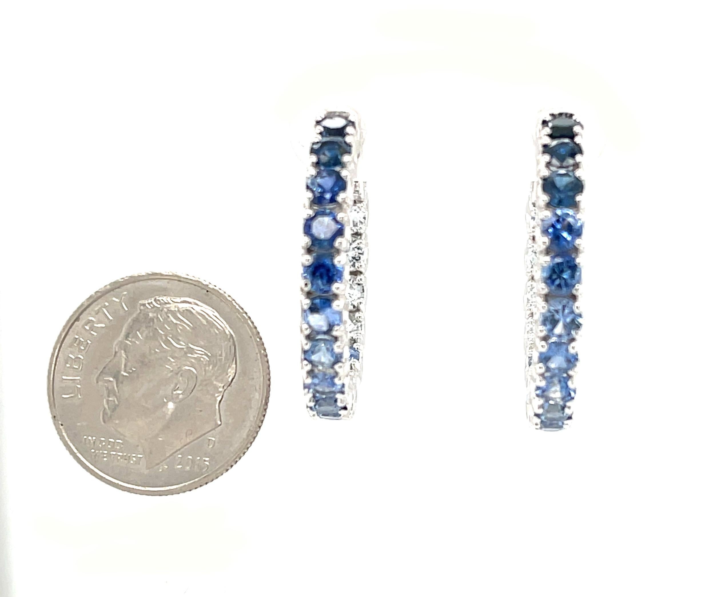 Ombre Blue Sapphire Hoop Earrings in 14k White Gold, 4.26 Carats Total For Sale 2