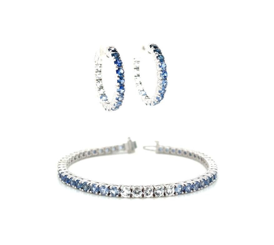 Ombre Blue Sapphire Hoop Earrings in 14k White Gold, 4.26 Carats Total For Sale 3