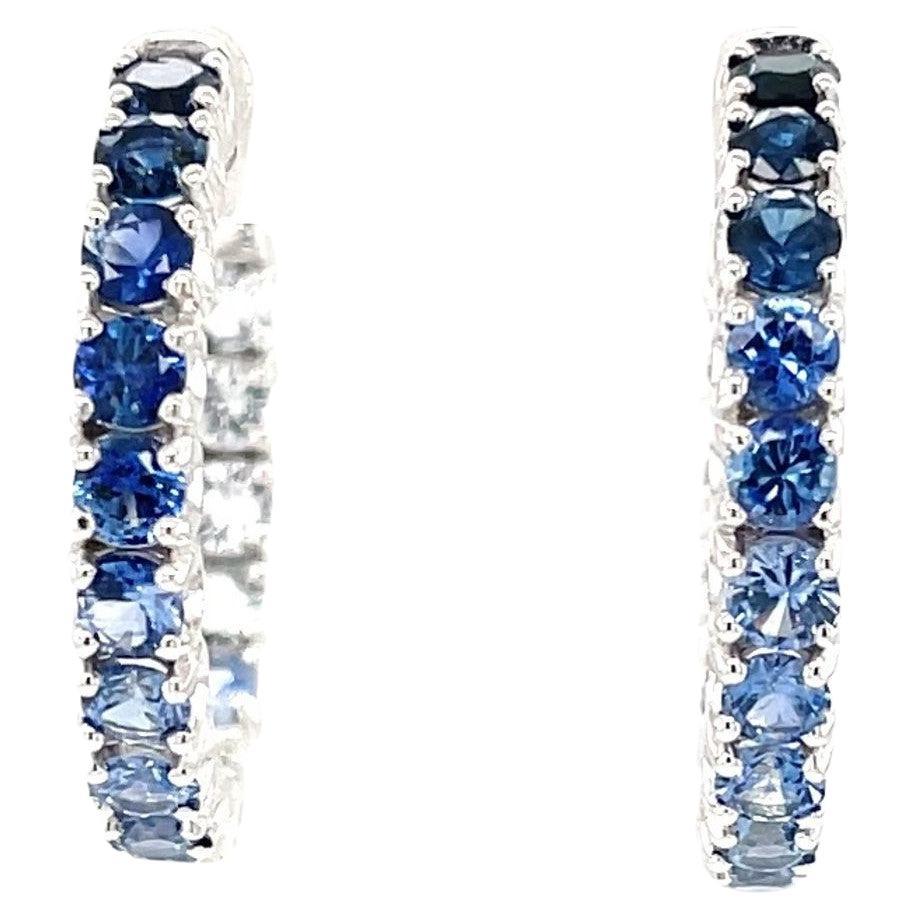Ombre Blue Sapphire Hoop Earrings in 14k White Gold, 4.26 Carats Total For Sale