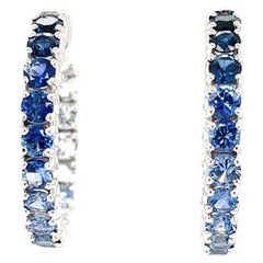 Ombre Blue Sapphire Hoop Earrings in 14k White Gold, 4.26 Carats Total