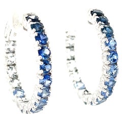 Ombre Blue Sapphire Hoop Earrings in 14k White Gold, 4.26 Carats Total