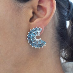 Blue Topaz Taper Baguette Diamond White Gold Cocktail Stud Earrings