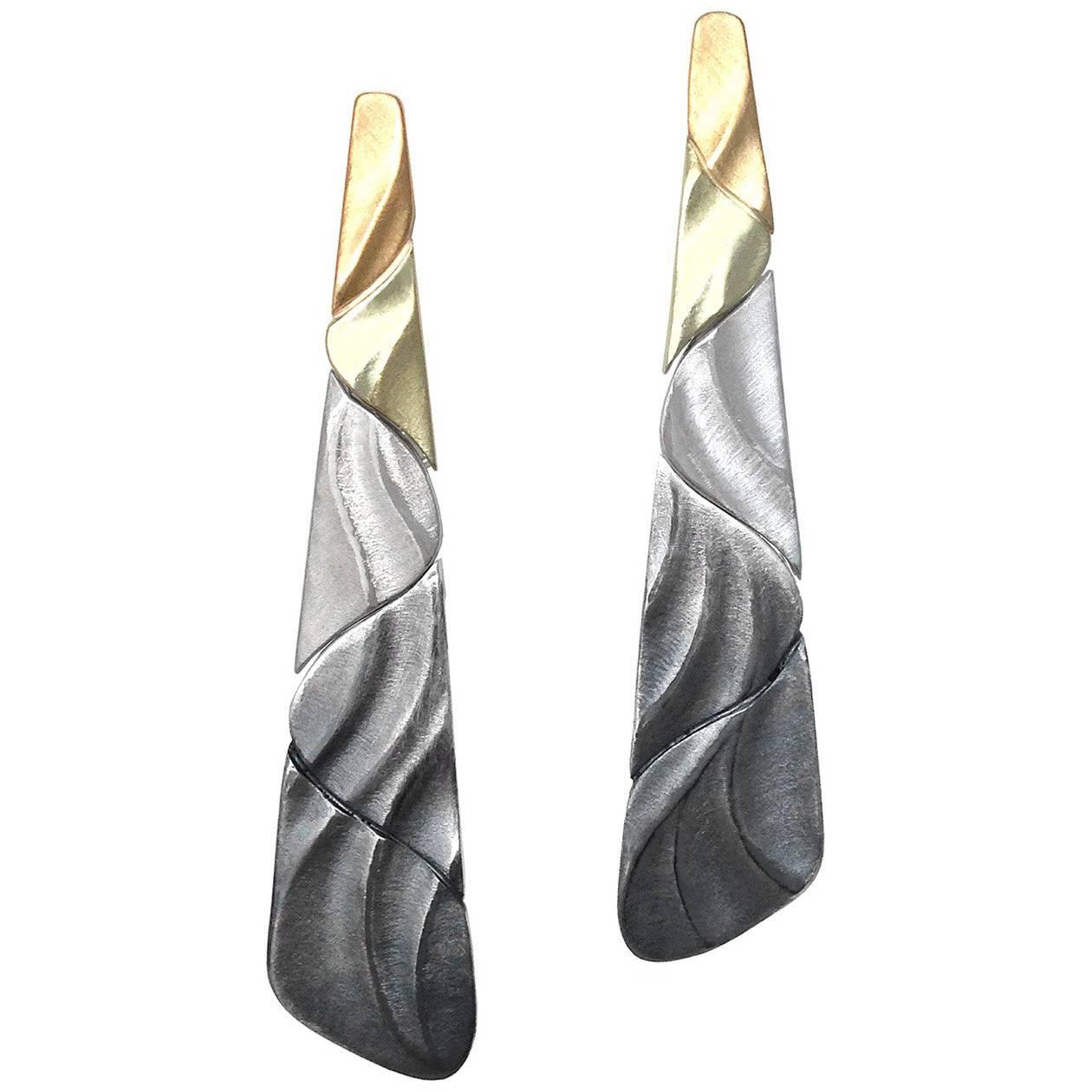 Ombre Color Long Earrings with Yellow and Green Gold, Silver and Oxidized Silver For Sale