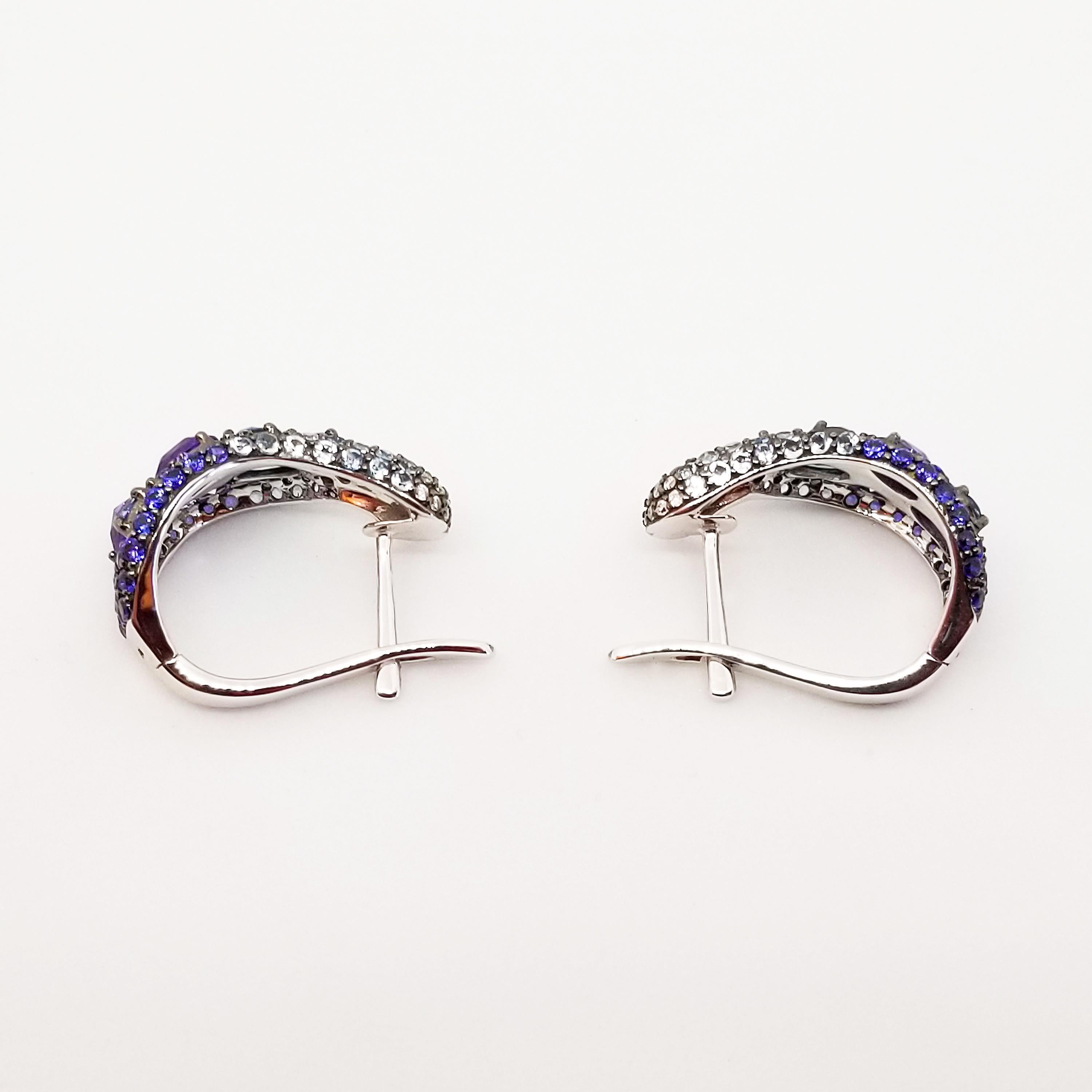 Contemporary Diamond Sapphire Amethyst Topaz Ombre Hoop Earrings White Gold Black Rhodium 14K For Sale