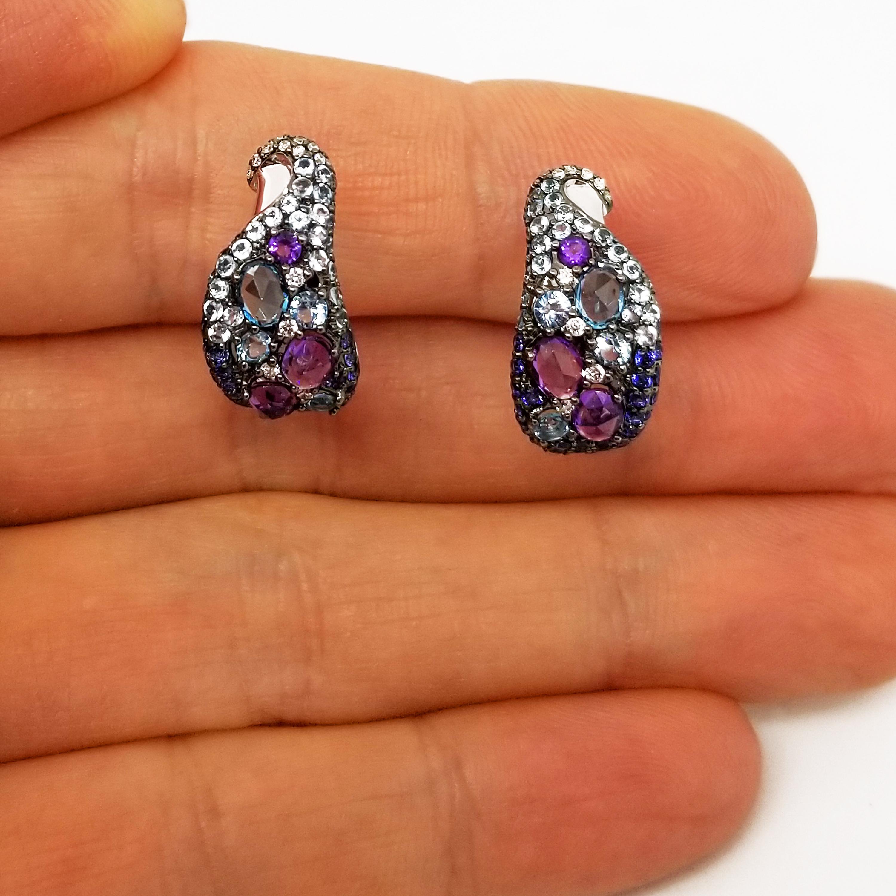 Rose Cut Diamond Sapphire Amethyst Topaz Ombre Hoop Earrings White Gold Black Rhodium 14K For Sale