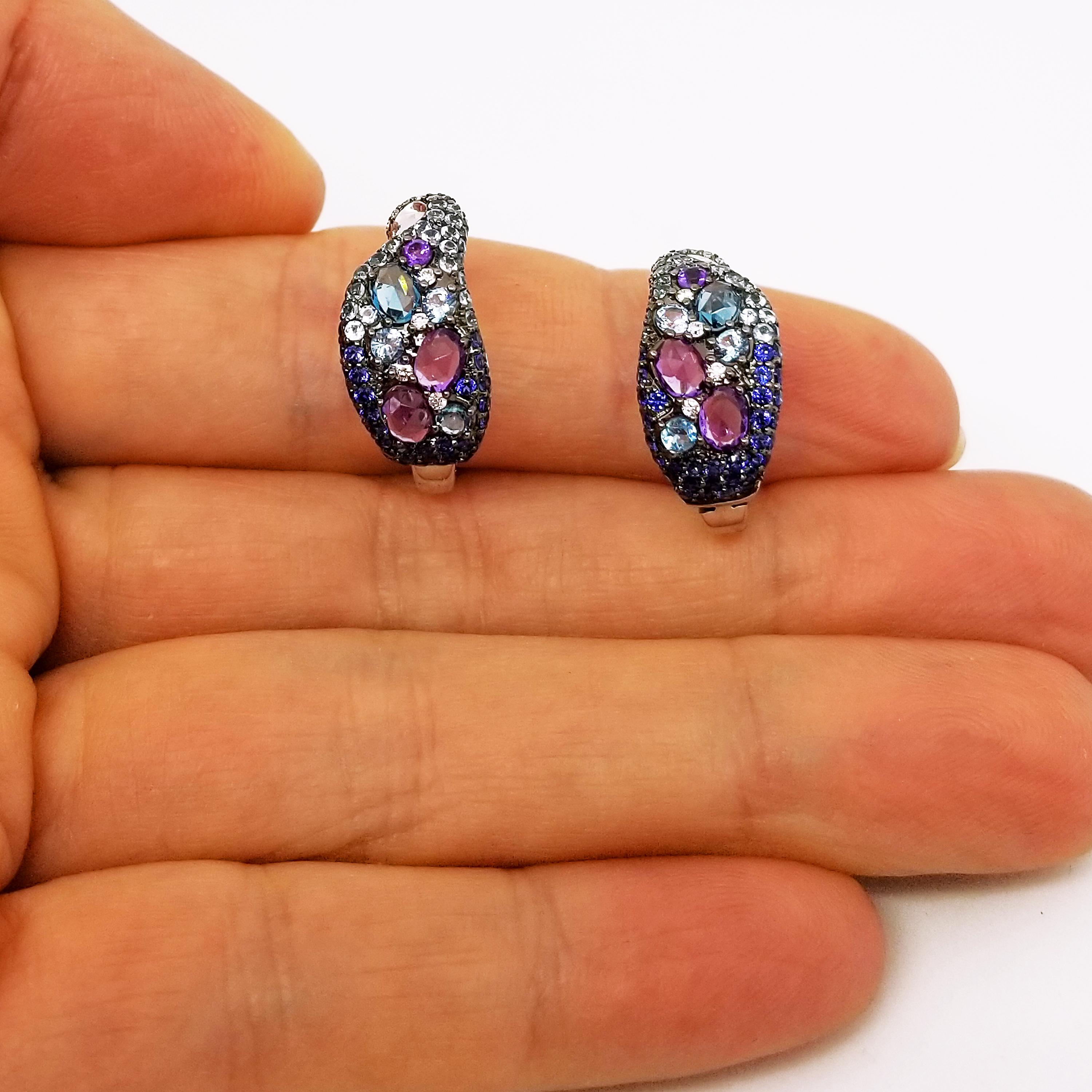 Women's Diamond Sapphire Amethyst Topaz Ombre Hoop Earrings White Gold Black Rhodium 14K