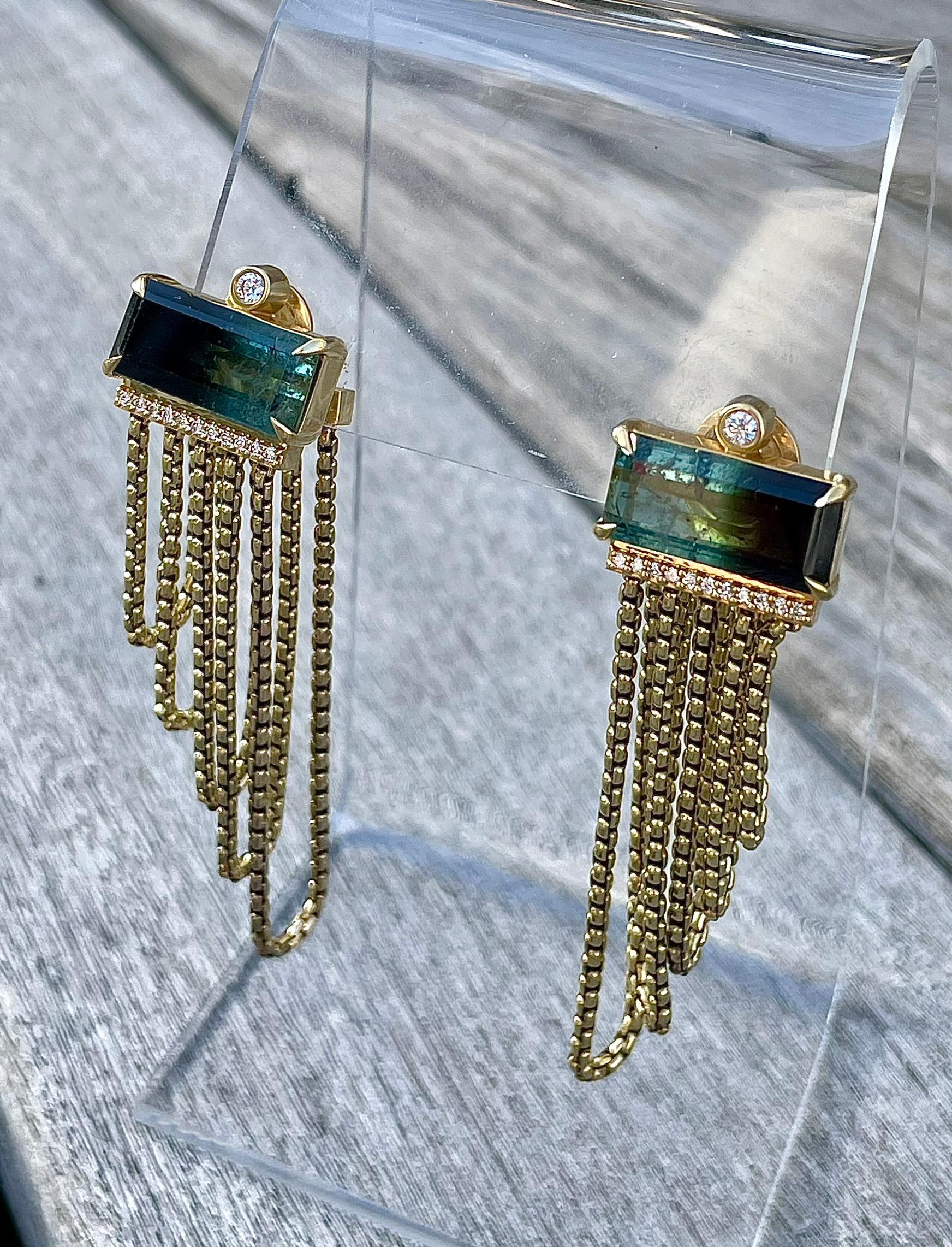 Mixed Cut Ombré Lagoon Tourmaline Chain Statement Earrings in 18k and Diamonds For Sale