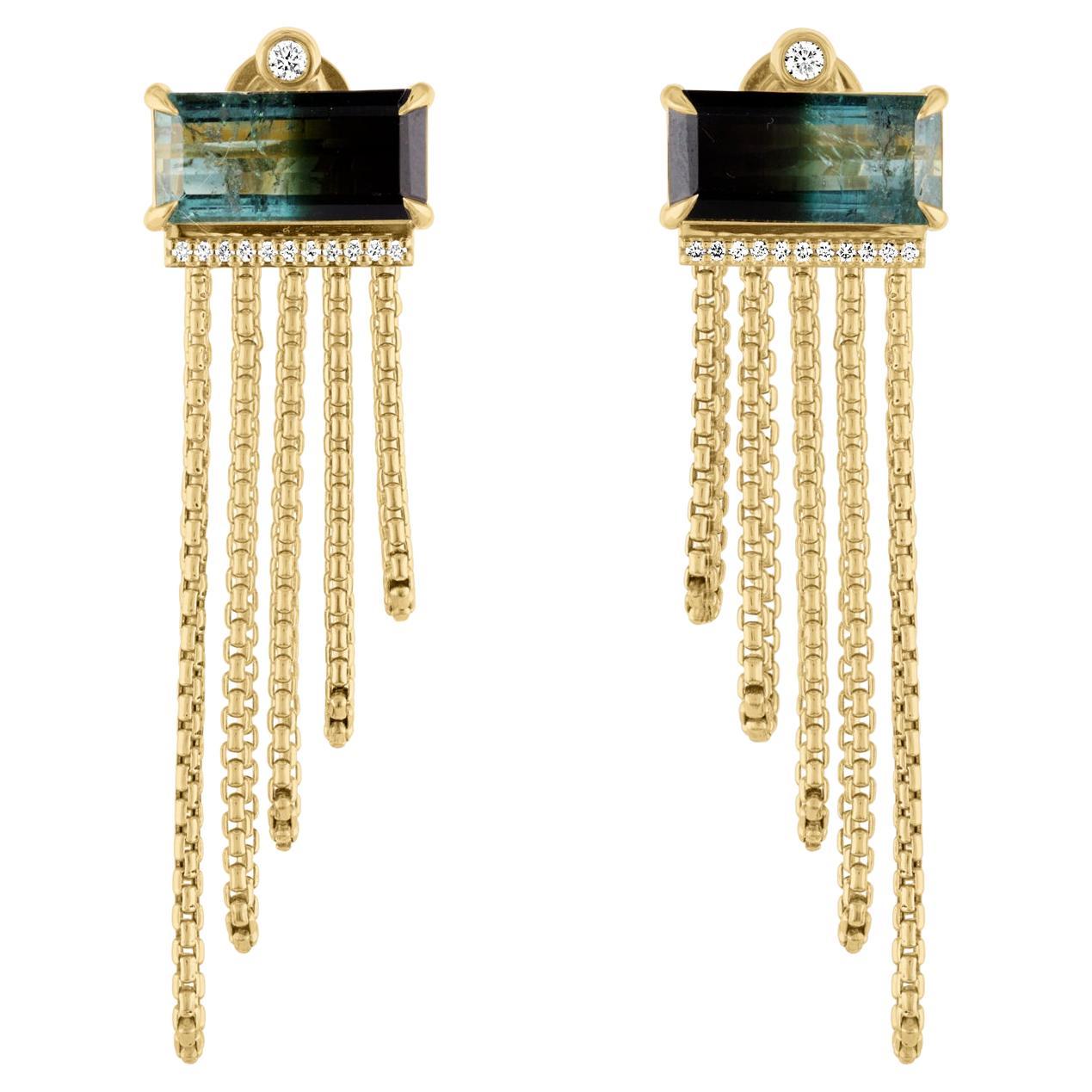Ombré Lagoon Tourmaline Chain Statement Earrings in 18k and Diamonds For Sale
