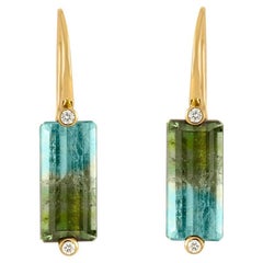 Ombré Lagoon Tourmaline & Diamond Earrings Set in in Hand Forged 18k