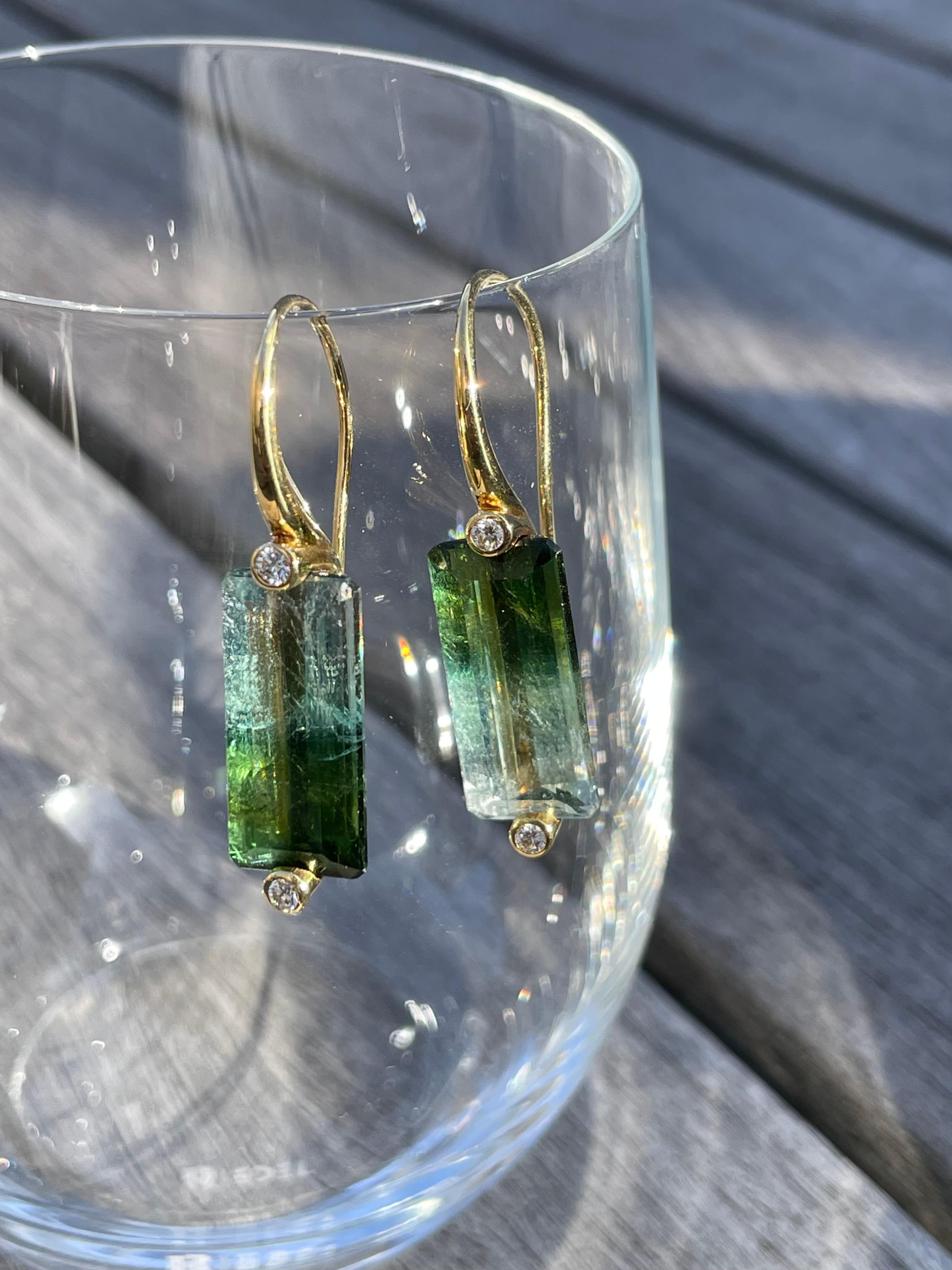 Mixed Cut Ombré Lagoon Tourmaline & Diamond Earrings Set in in Hand Forged 18k For Sale