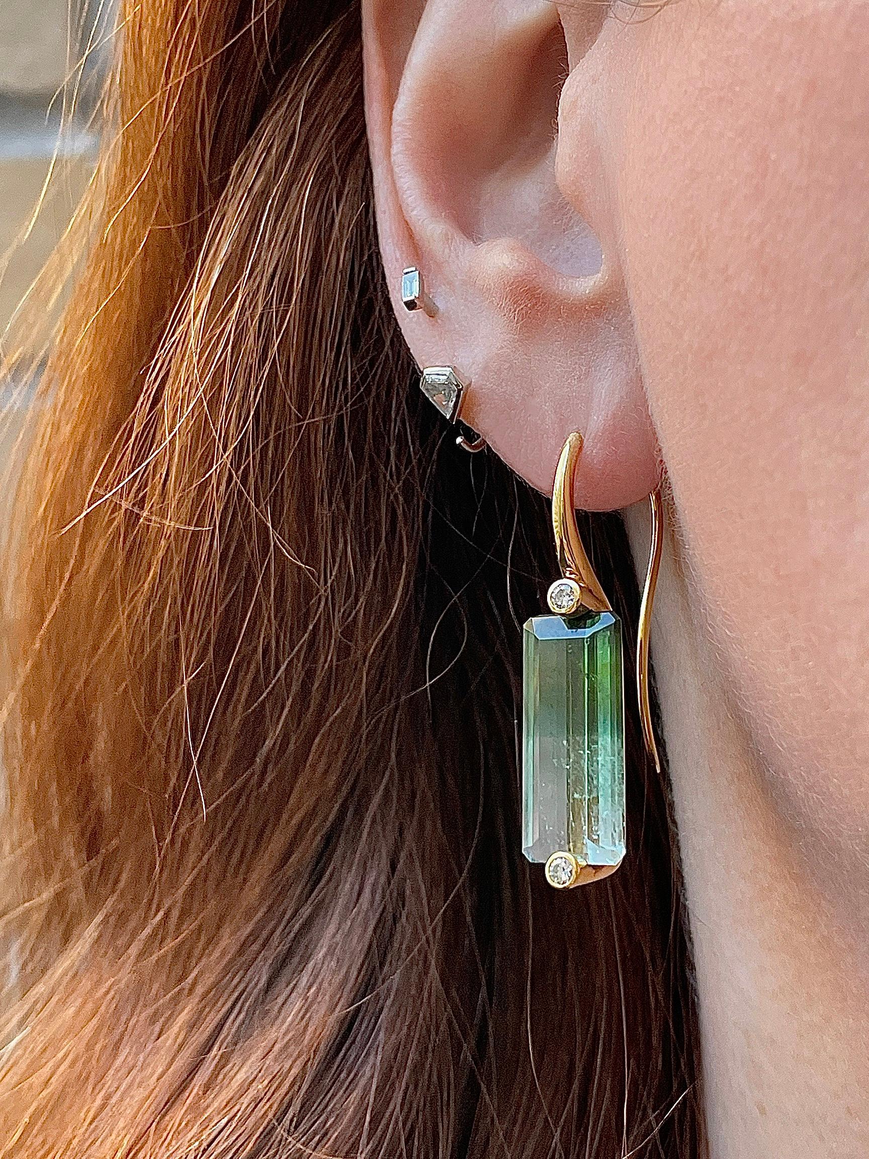 Ombré Lagoon Tourmaline & Diamond Earrings Set in in Hand Forged 18k In New Condition For Sale In New York, NY