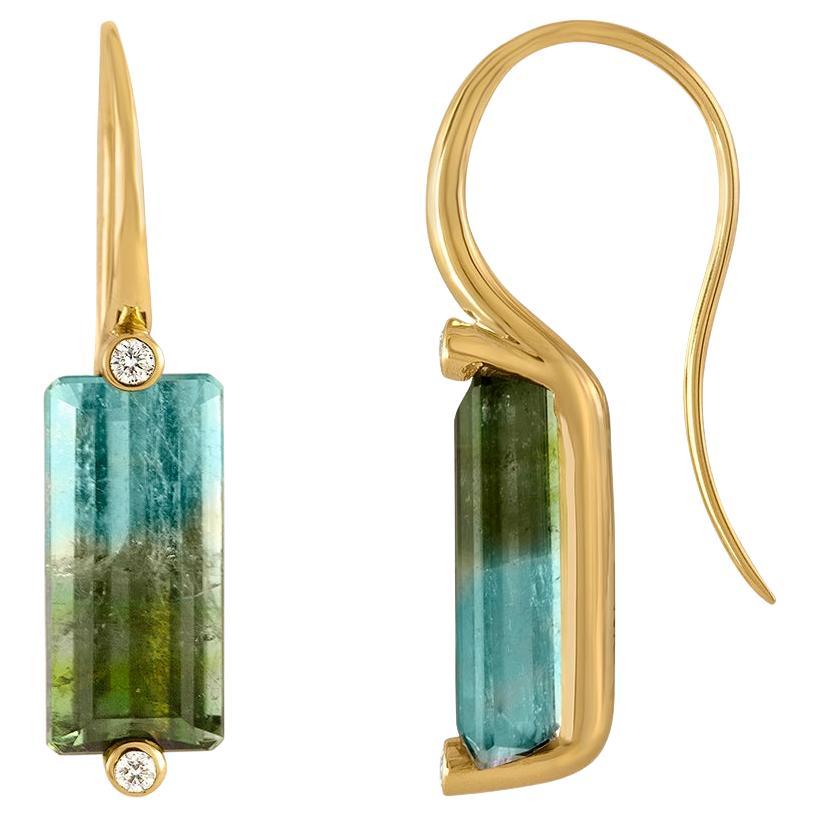 Ombré Lagoon Tourmaline & Diamond Earrings Set in in Hand Forged 18k For Sale