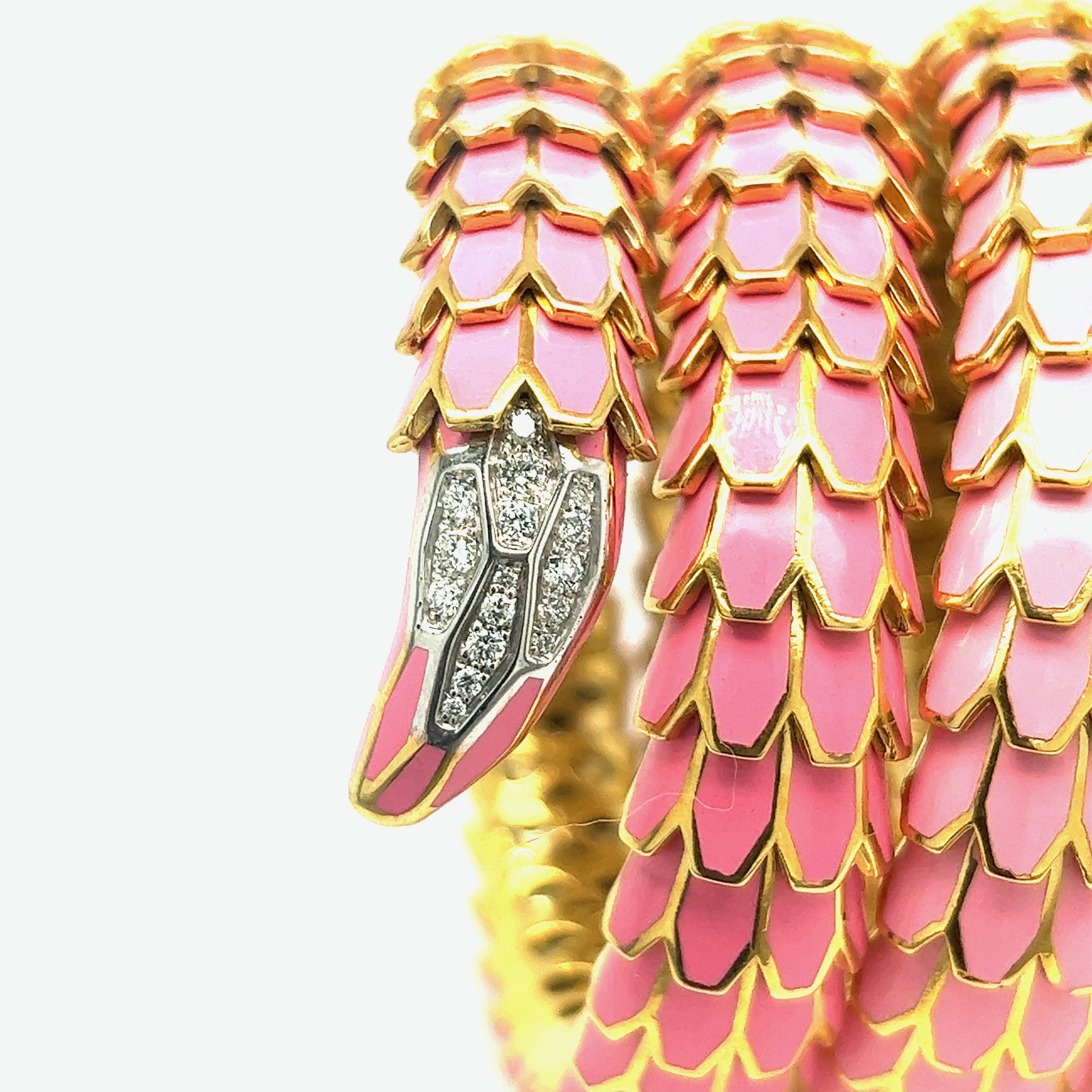 Ombré Light & Dark Pink Enamel Wrap Watch Snake Bracelet In New Condition In New York, NY