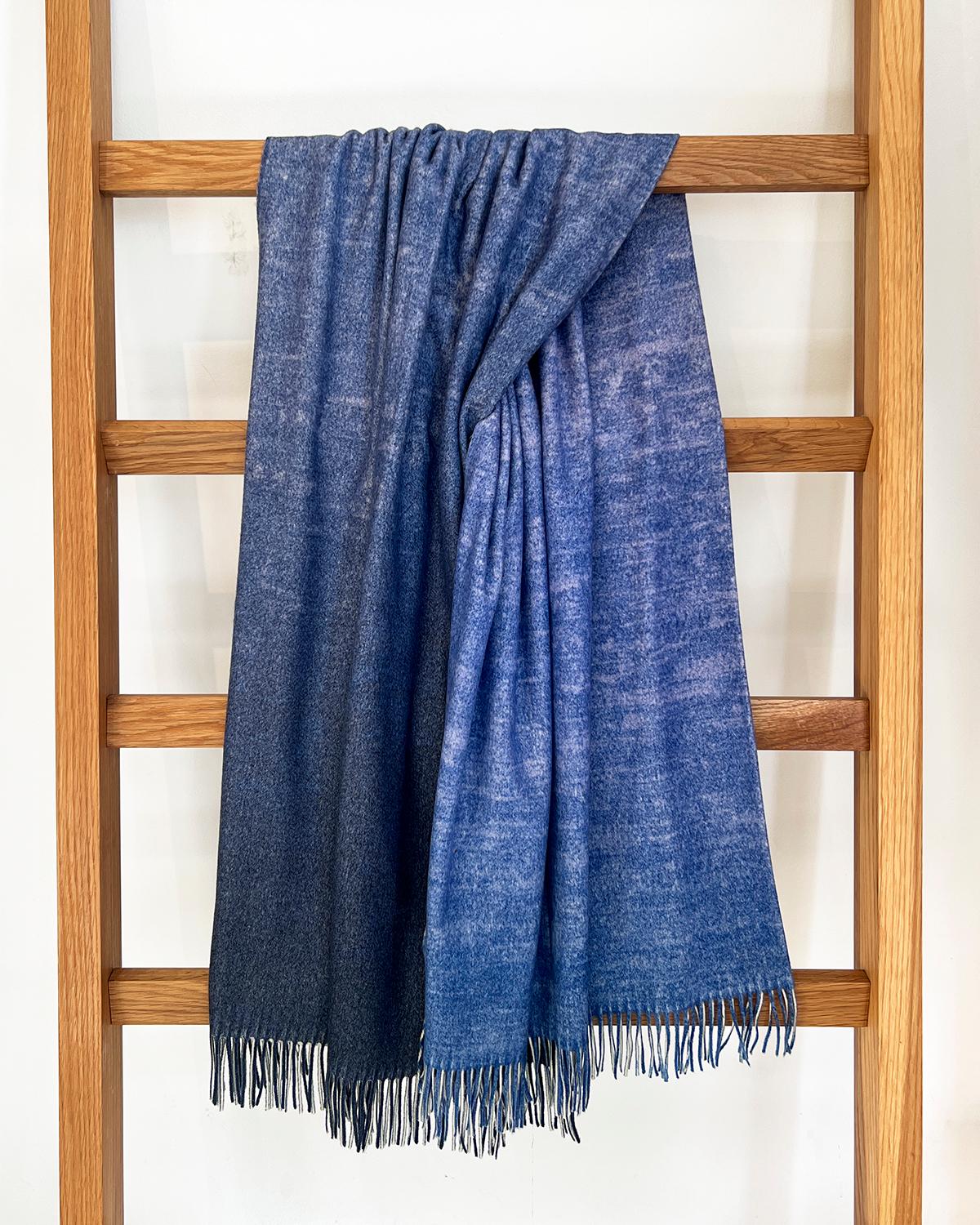 Hand-Woven Ombre Merino Wool Soft Blanket Throw in Deep Blue, in Stock For Sale