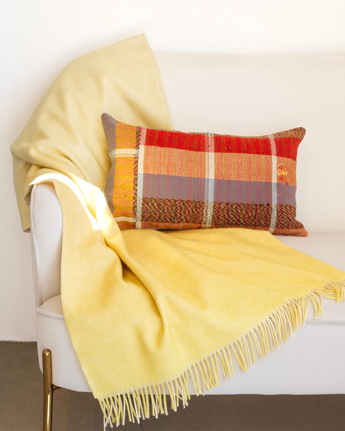 Hand-Woven Ombre Merino Wool Soft Blanket Throw in Yellow, in Stock For Sale