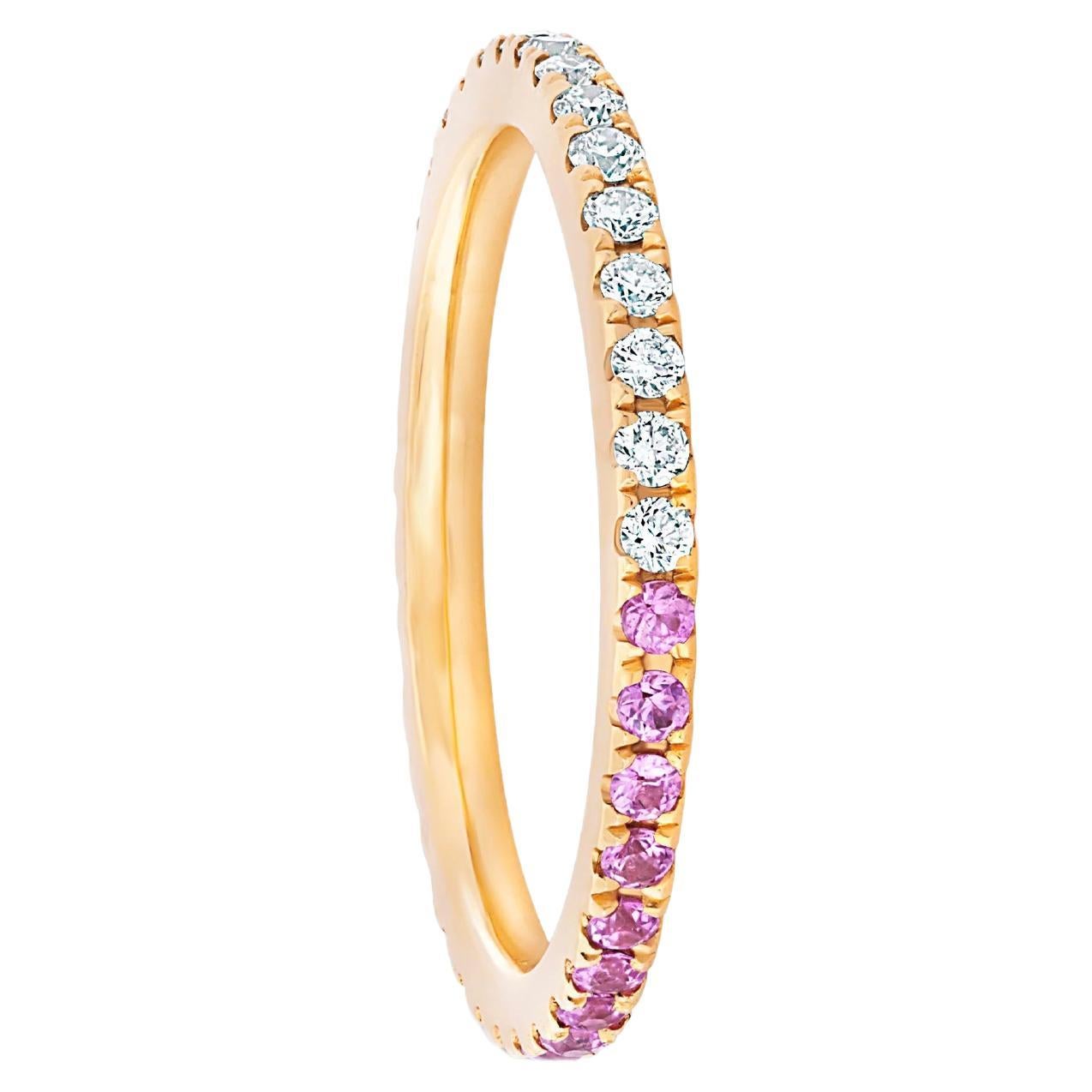 Ombre Pink Lab Sapphire and Moissanite 14k gold Eternity Band.