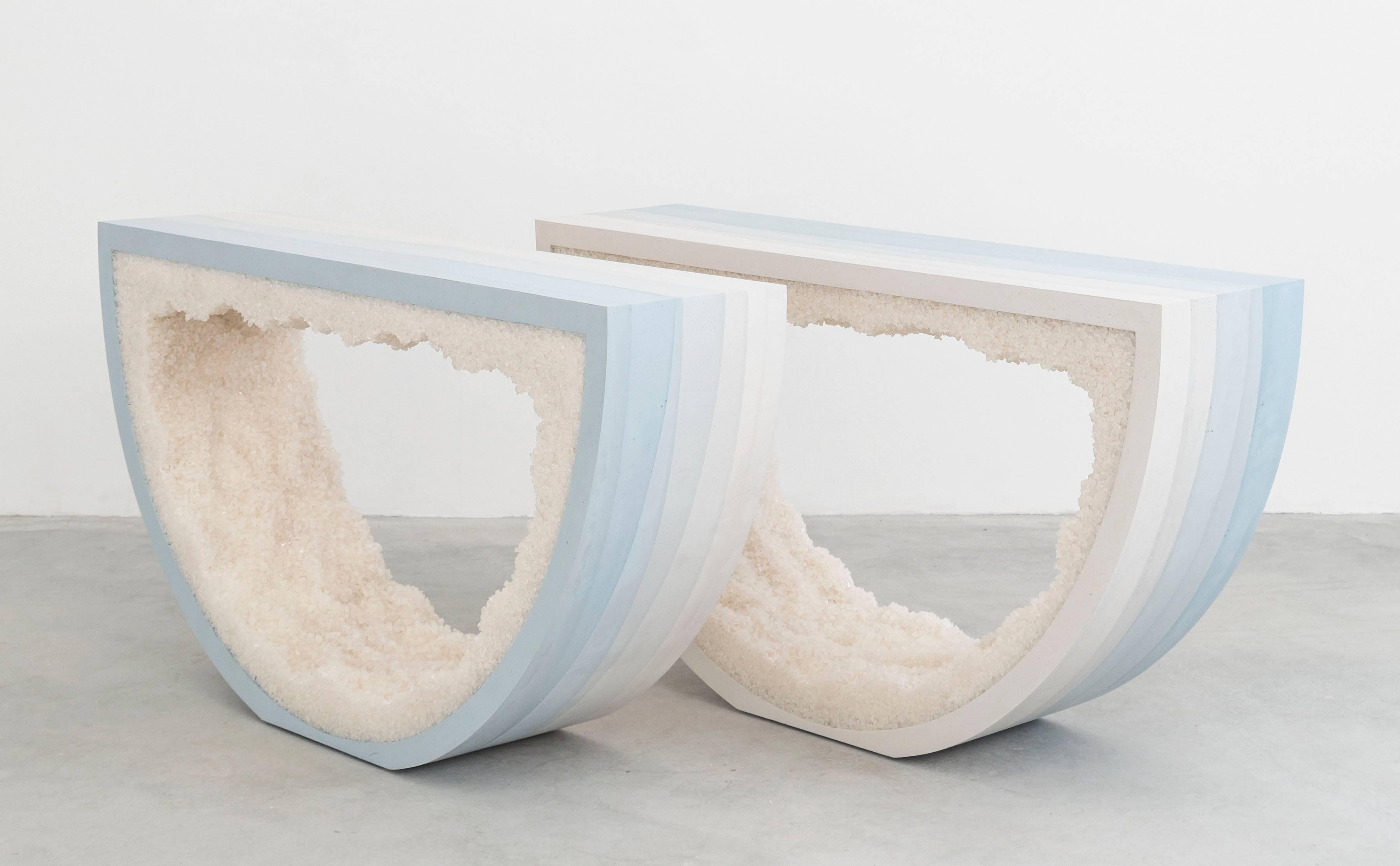 Cast Ombre Radius Console, Skyblue Cement and White Rock Salt by Fernando Mastrangelo For Sale