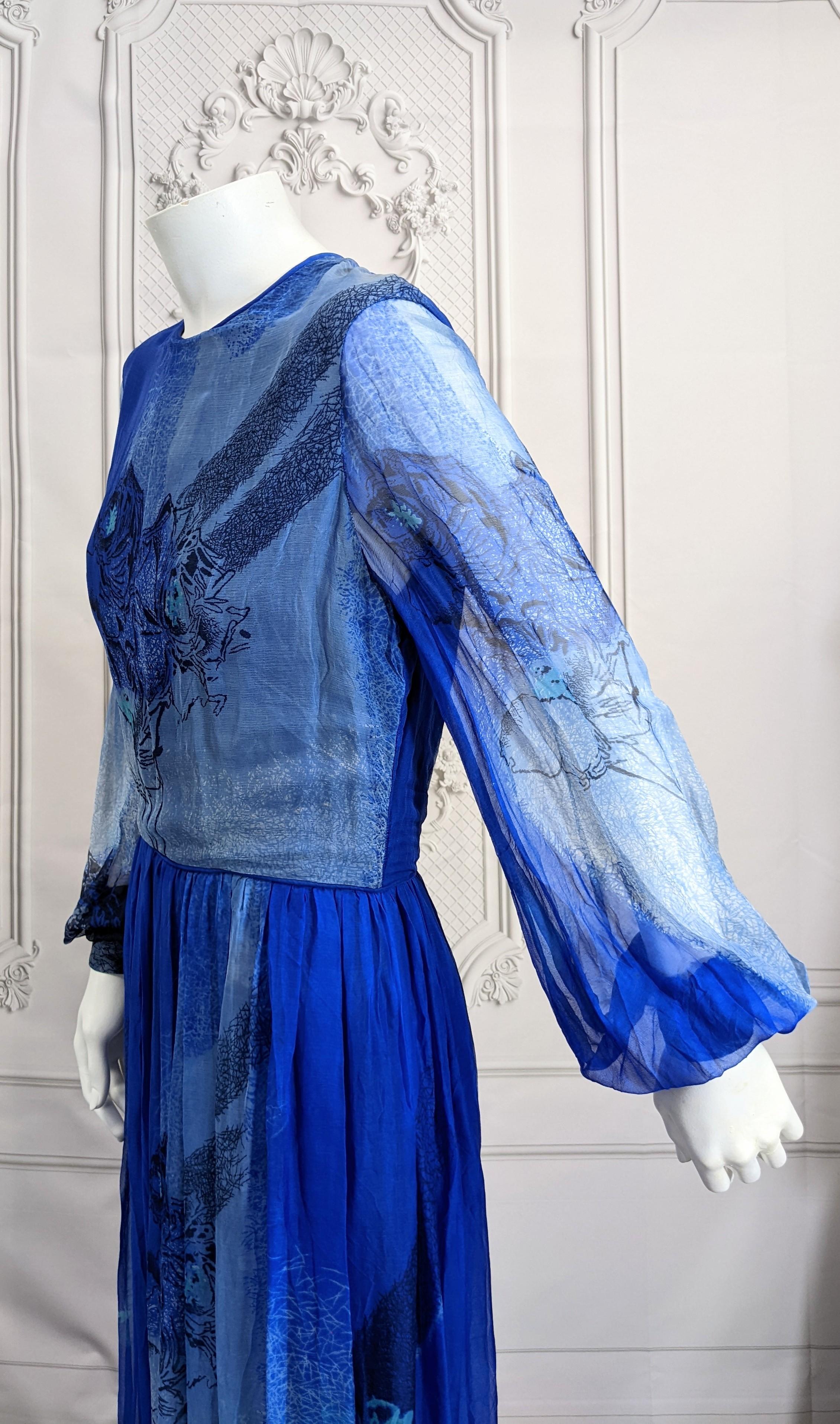 Blue Ombre Silk Chiffon Rose Print Gown, Isabell Gerhart For Sale