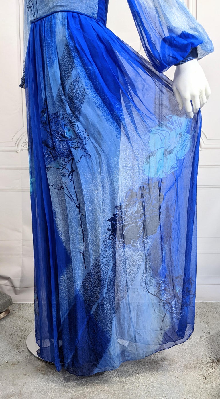 sachin and babi light blue dress Ombre Silk Chiffon Rose Print Gown, Isabell Gerhart For Sale at 1stDibs