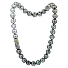 Ombré Tahitian Pearl White Diamond Gold Oxidized Silver Necklace, Atelier Zobel