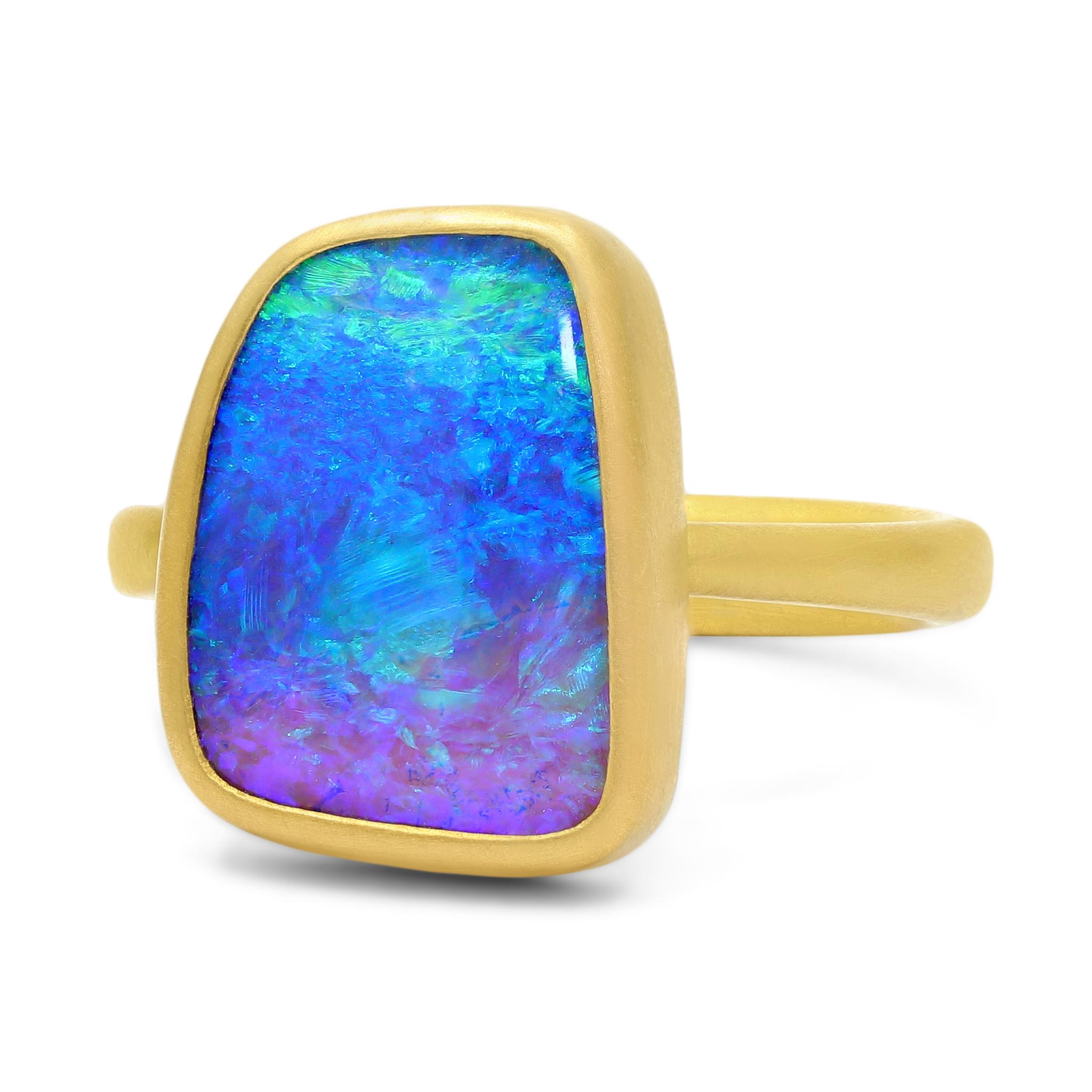One of a Kind Ring by jewelry maker Lola Brooks hand-fabricated in matte-finished 22k yellow gold featuring a breathtaking 5.84 carat ultramarine boulder opal with ombre coloration and electrifying green, blue and purple flash, bezel-set and